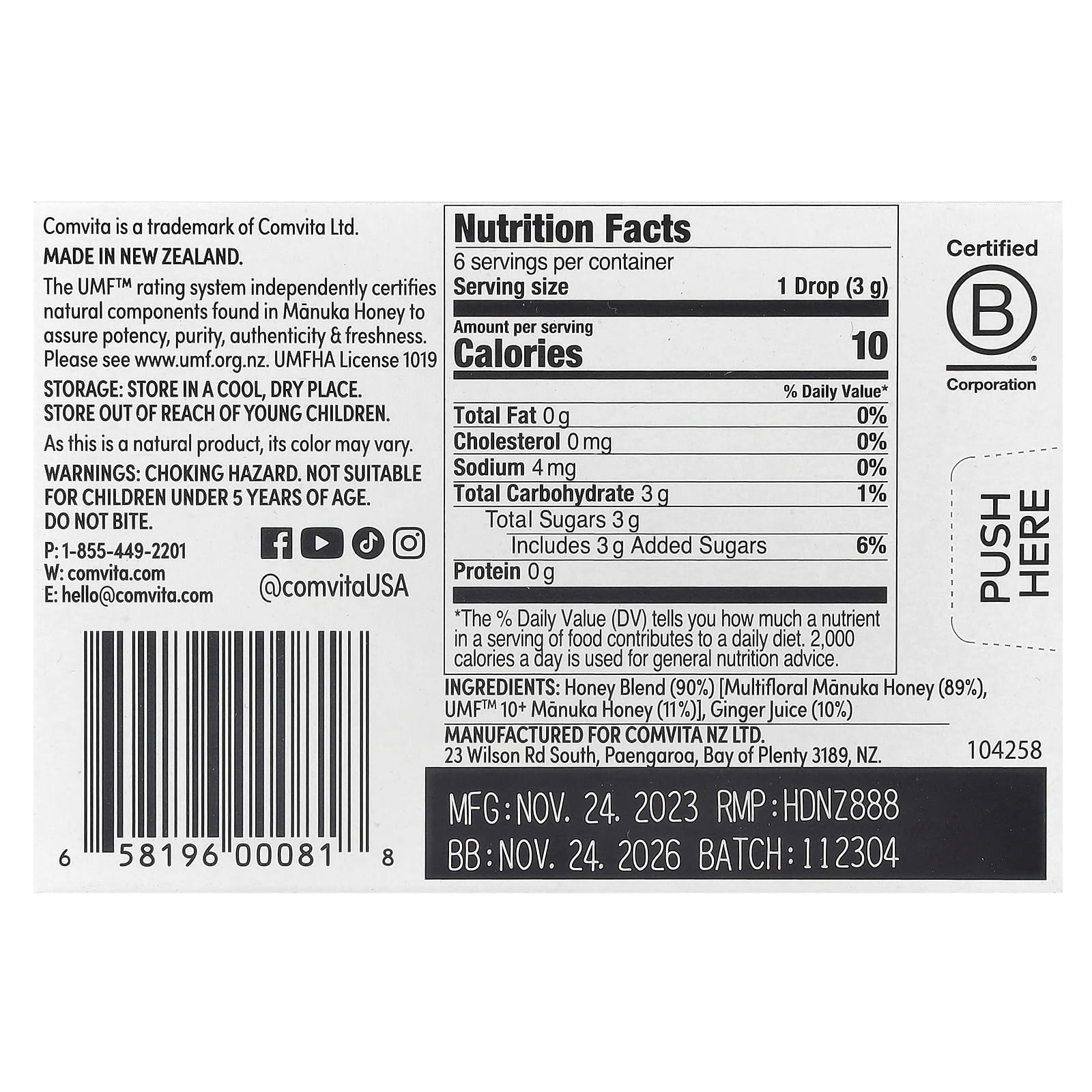 Comvita Manuka Honey Drops with Ginger, 10+ UMF - 6 Drops, 0.63 oz - Image 2