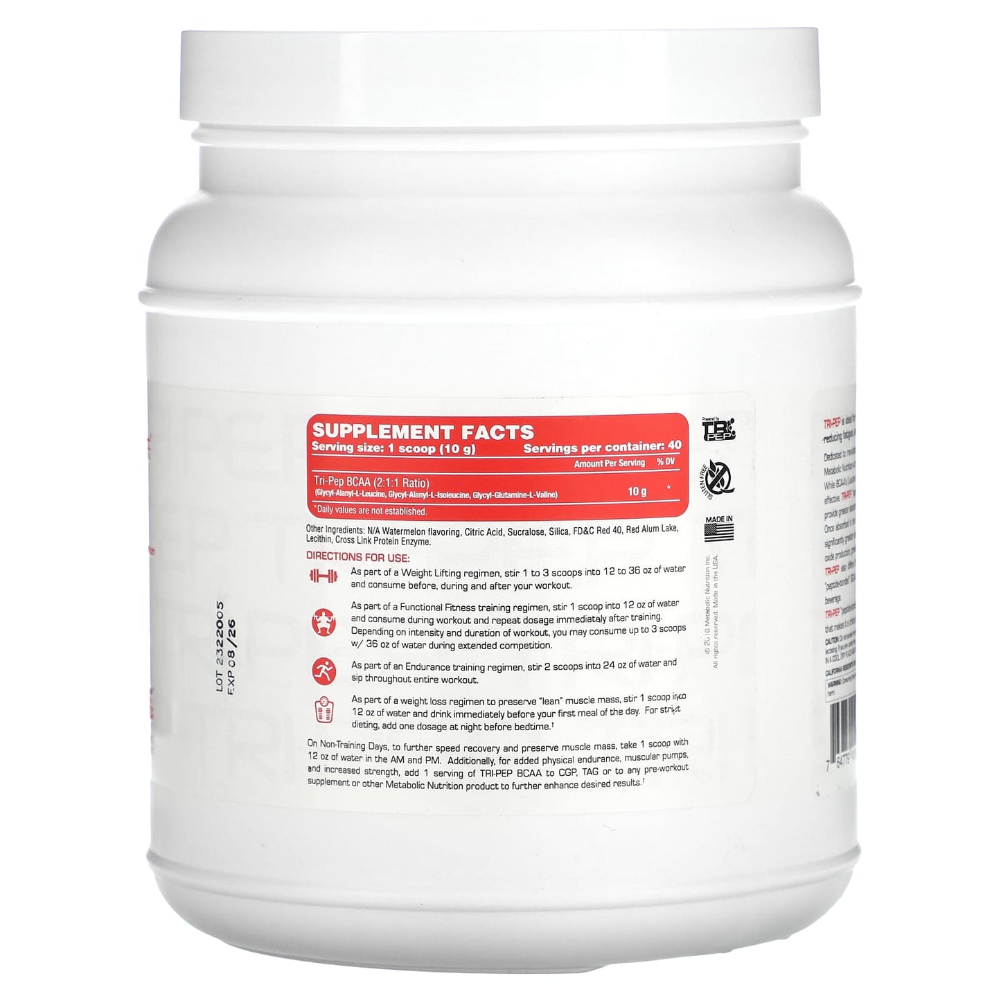 Metabolic Nutrition, Tri-Pep, Branch Chain Amino Acid, Watermelon, 14.1 oz, (400 g) - Image 2