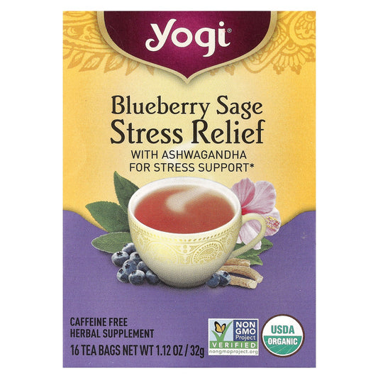 Yogi Tea, Stress Relief, Blueberry Sage, Caffeine Free, 16 Tea Bags, 1.12 oz (32 g) - Image 1