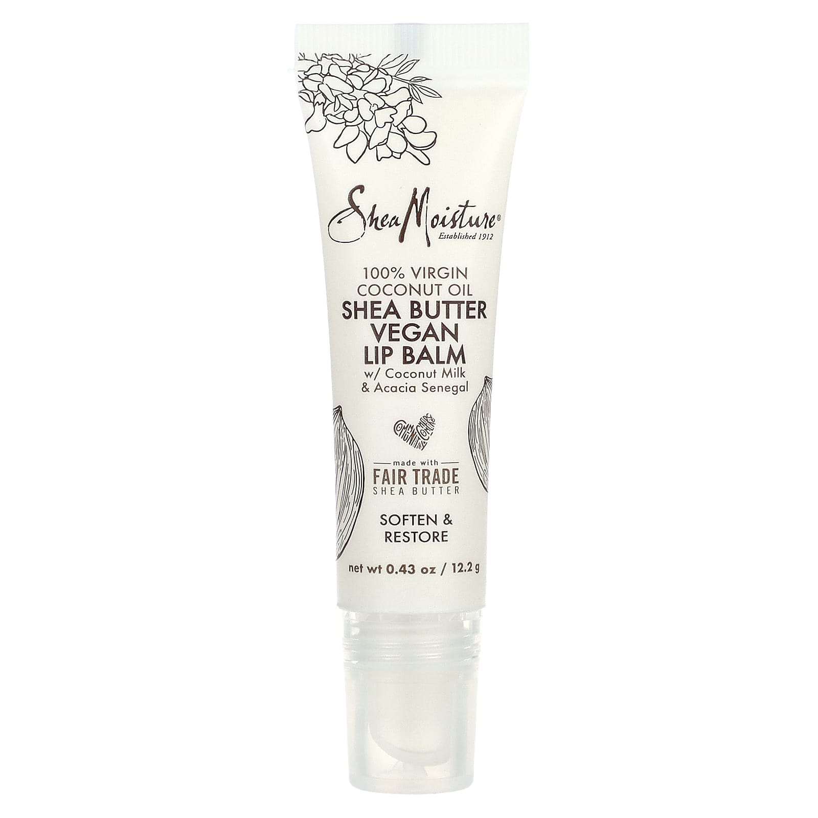 SheaMoisture, Shea Butter Vegan Lip Balm with Coconut Milk & Acacia Senegal, 100% Virgin Coconut Oil, 0.43 oz (12.2 g) - Image 1