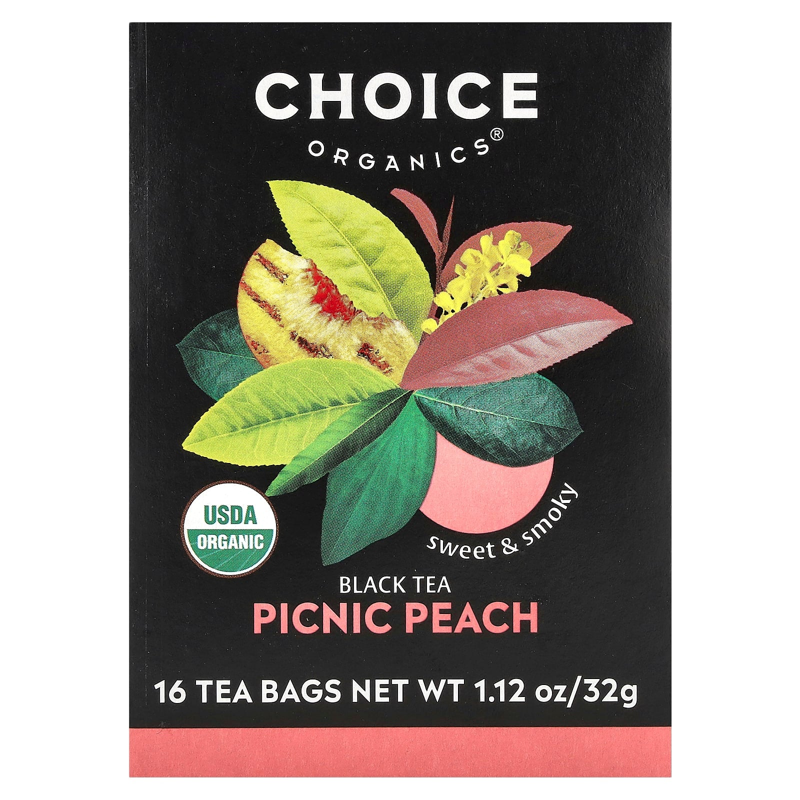 Certified Organic Black Tea - Picnic Peach, USDA Organic, 16 Tea Bags - Image 1