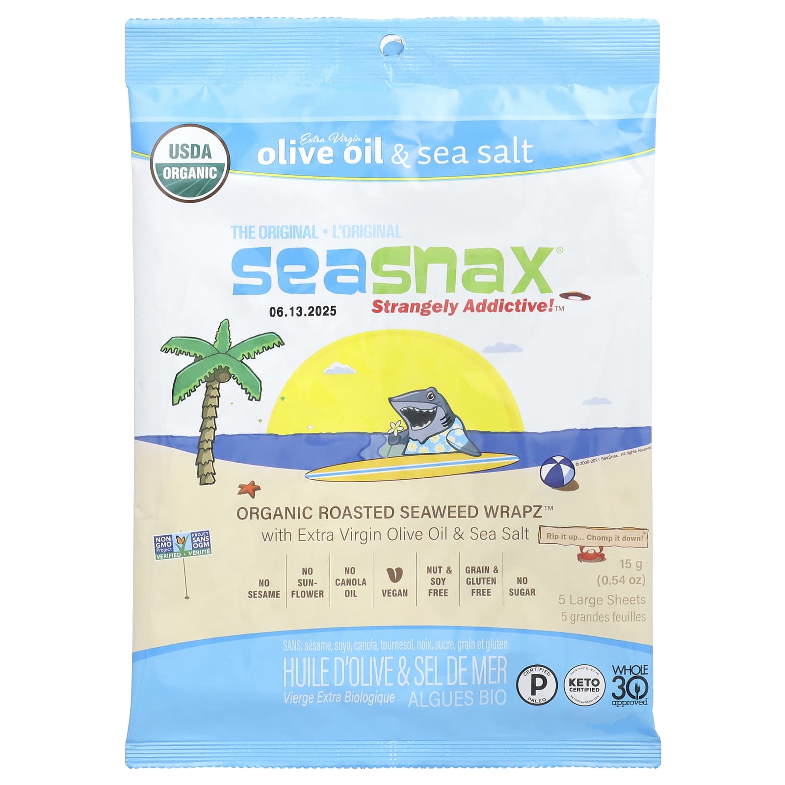 SeaSnax, Organic Roasted Seaweed Wrapz™, Extra Virgin Olive Oil & Sea Salt, 5 Large Sheets, 0.54 oz (15 g) - Image 1