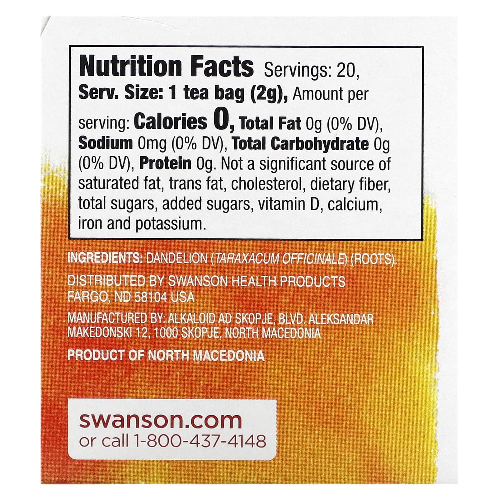 Swanson, Dandelion Root Tea, Caffeine Free, 20 Tea Bags, 1.4 oz (40 g) - Image 2