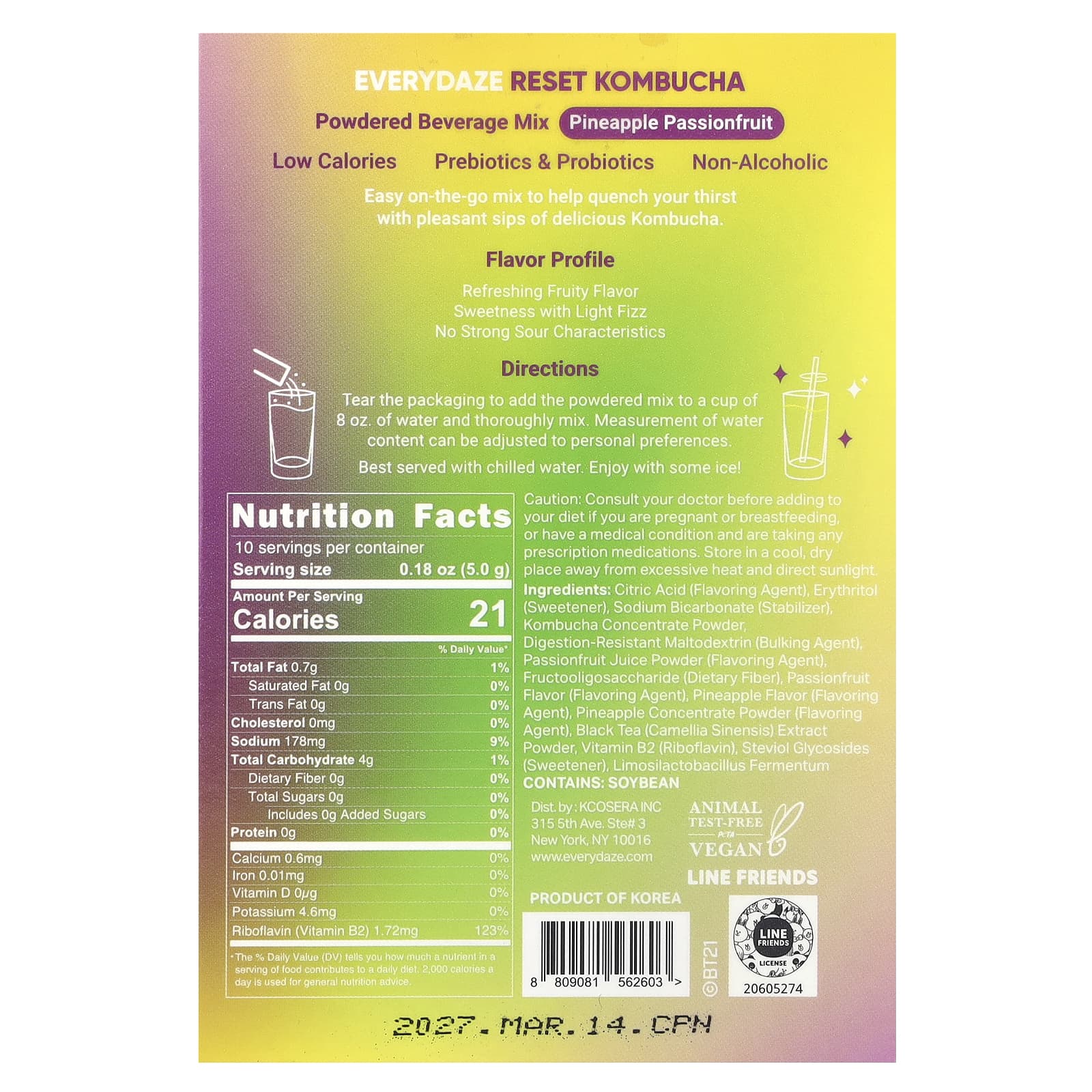Everydaze Reset Kombucha Powder, Pineapple Passionfruit, 10 Packets, Vegan Probiotics - Image 2