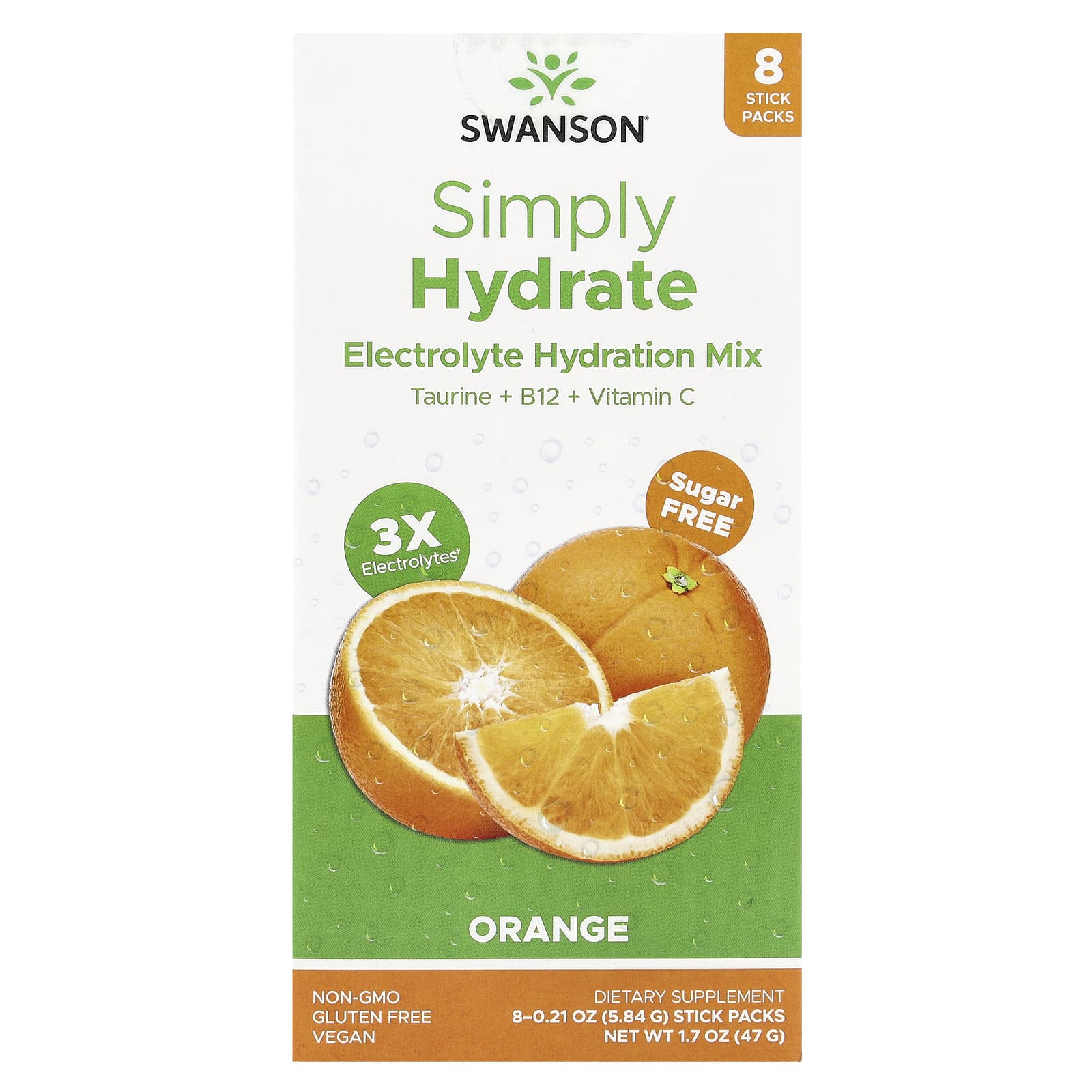 Swanson, Simply Hydrate, Electrolyte Hydration Mix, Orange, 8 Stick Packs 0.21 oz (5.84 g) Each - Image 1