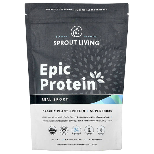 Sprout Living, Epic Protein®, Real Sport, Organic Plant Protein + Superfoods, 1 lb (456 g) - Image 1