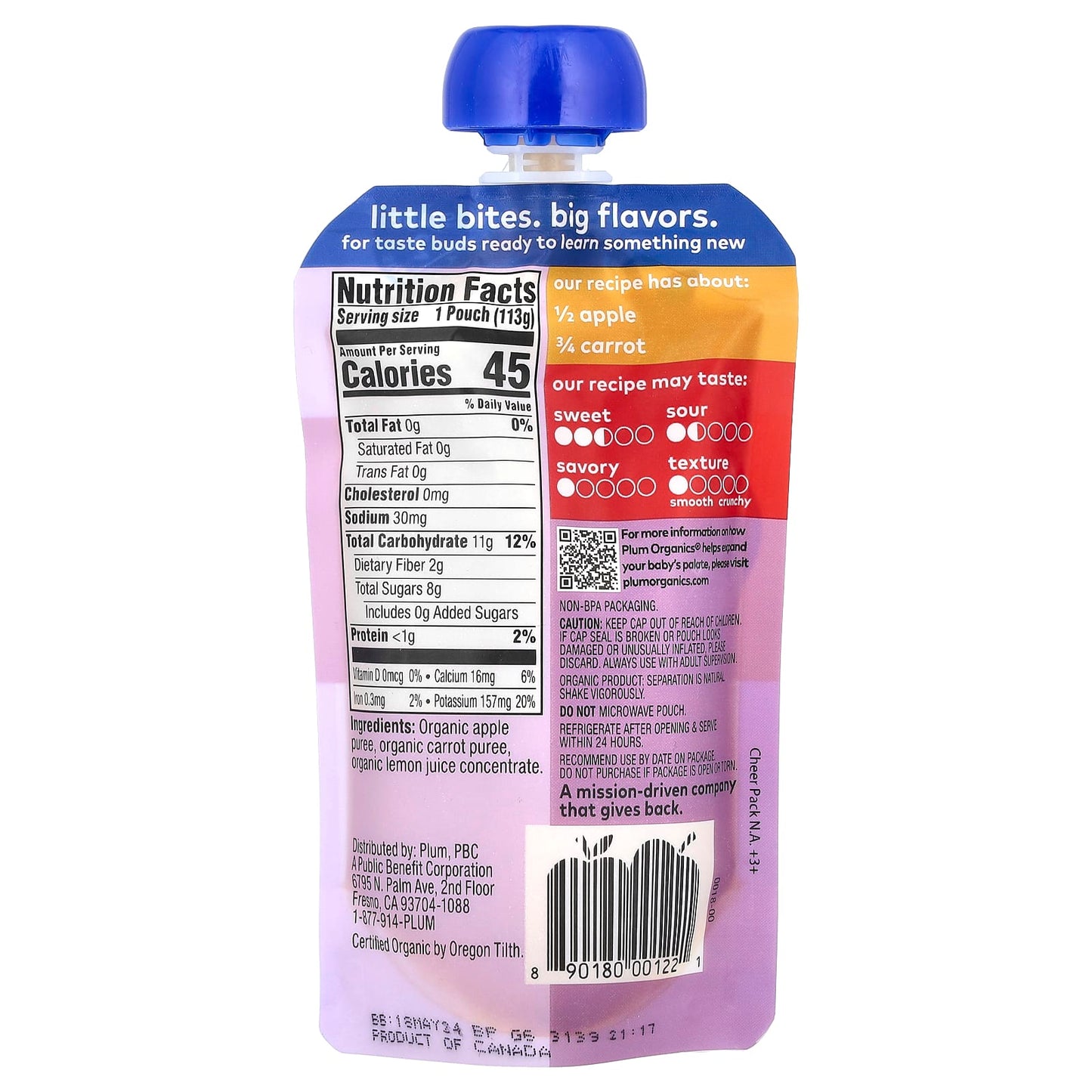 Plum Organics, Organic Baby Food, 6+ Months, Apple + Carrot, 4 oz (113 g) - Image 2