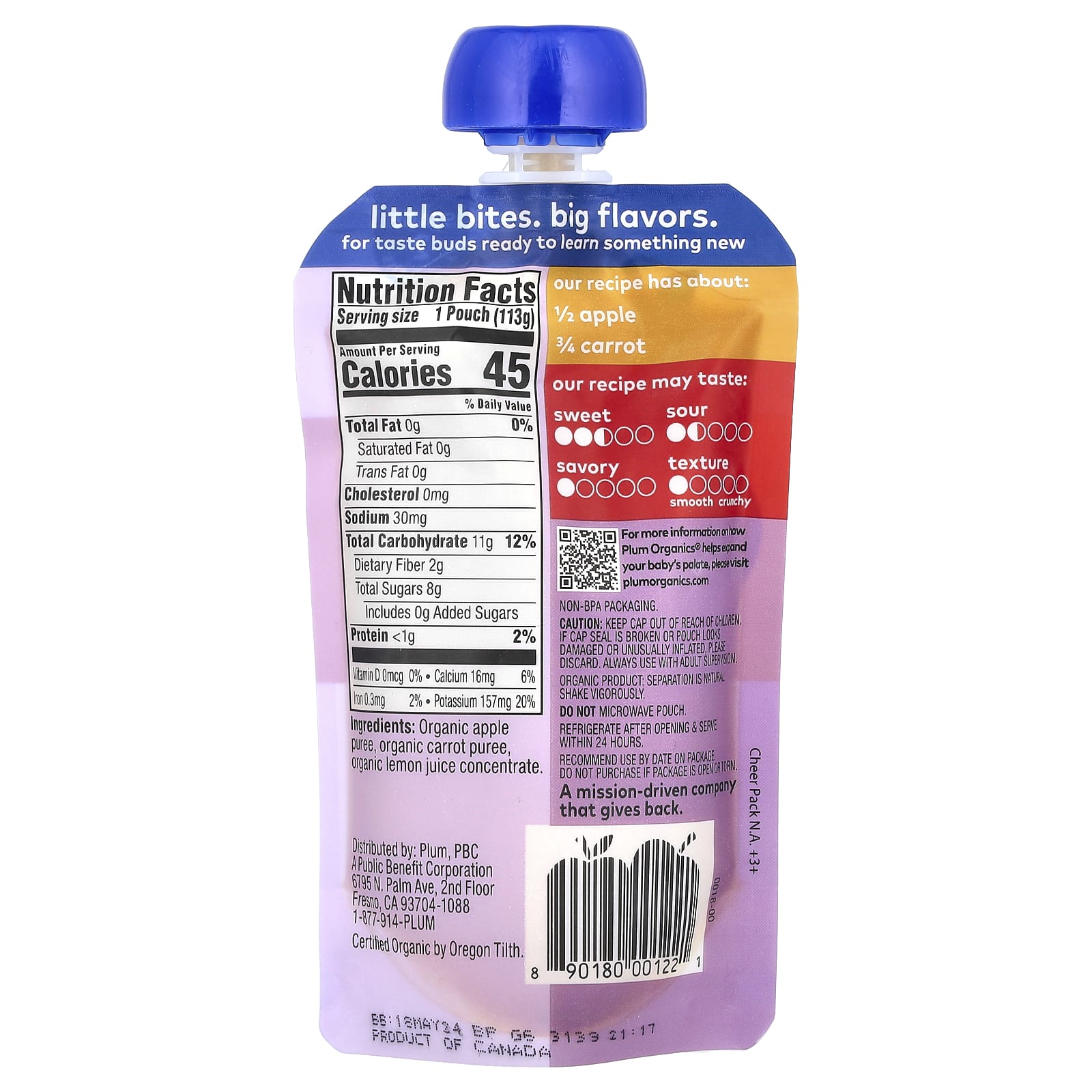 Plum Organics, Organic Baby Food, 6+ Months, Apple + Carrot, 4 oz (113 g) - Image 2