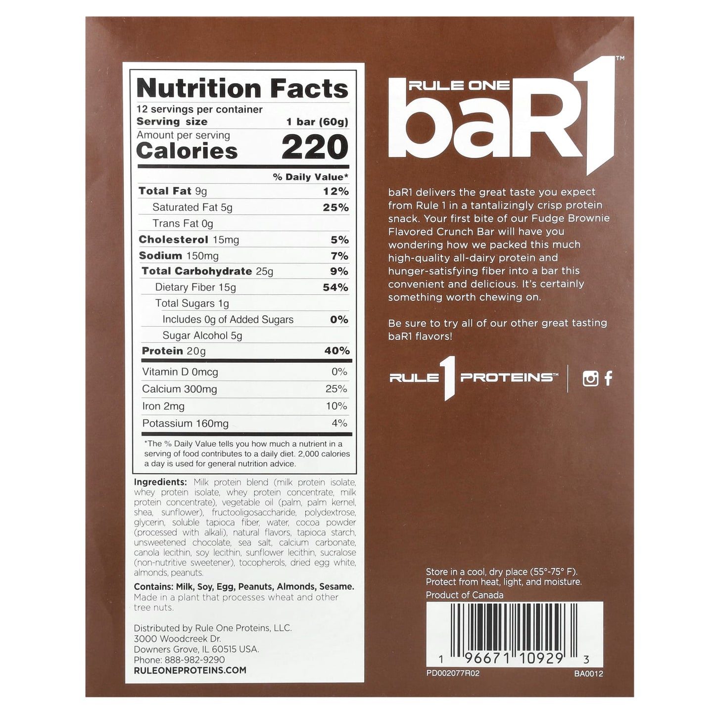 Rule One Proteins, baR1, Crunch Bar, Fudge Brownie, 12 Bars, 2.12 oz (60 g) Each - Image 2