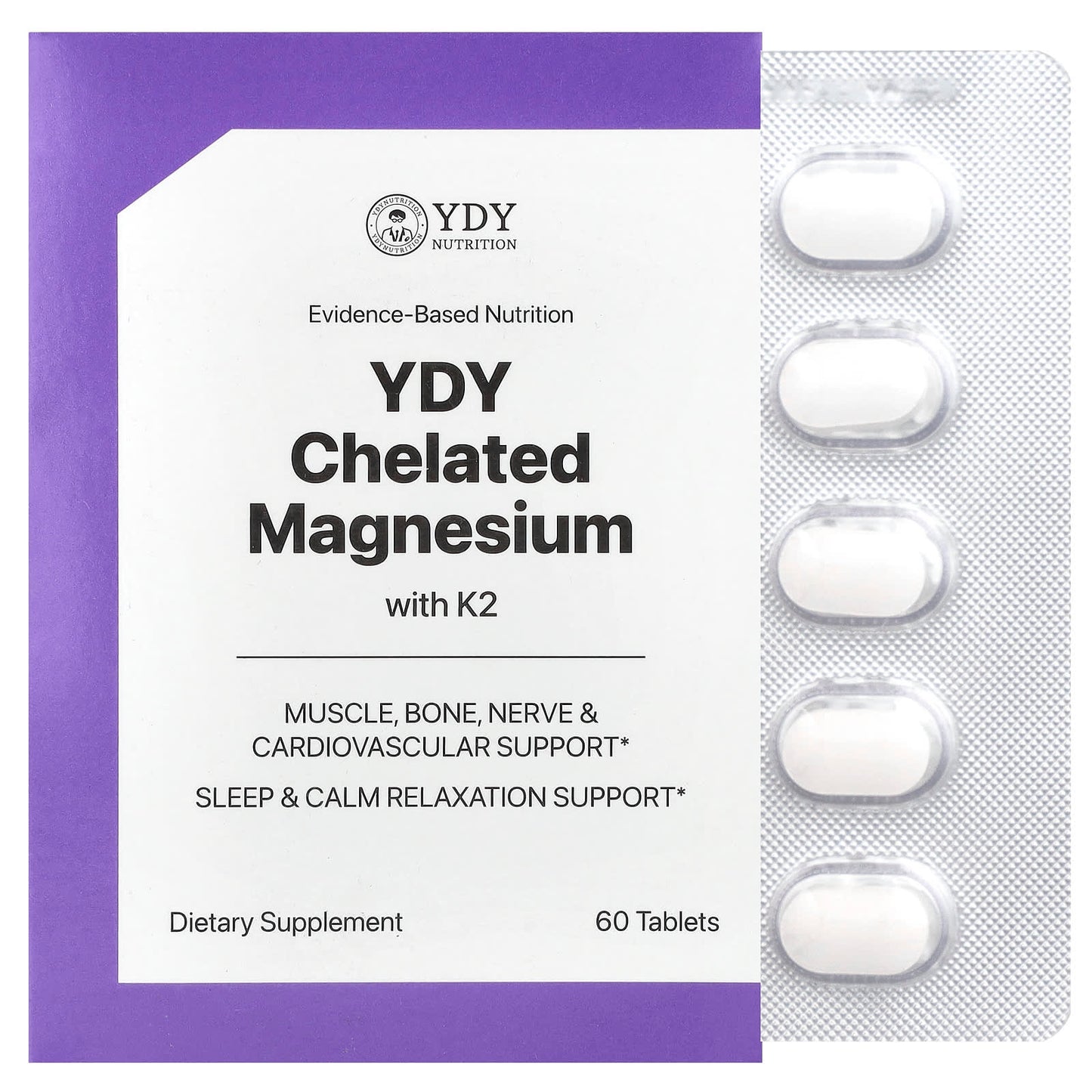YDY, Chelated Magnesium With K2, 60 Tablets - Image 1