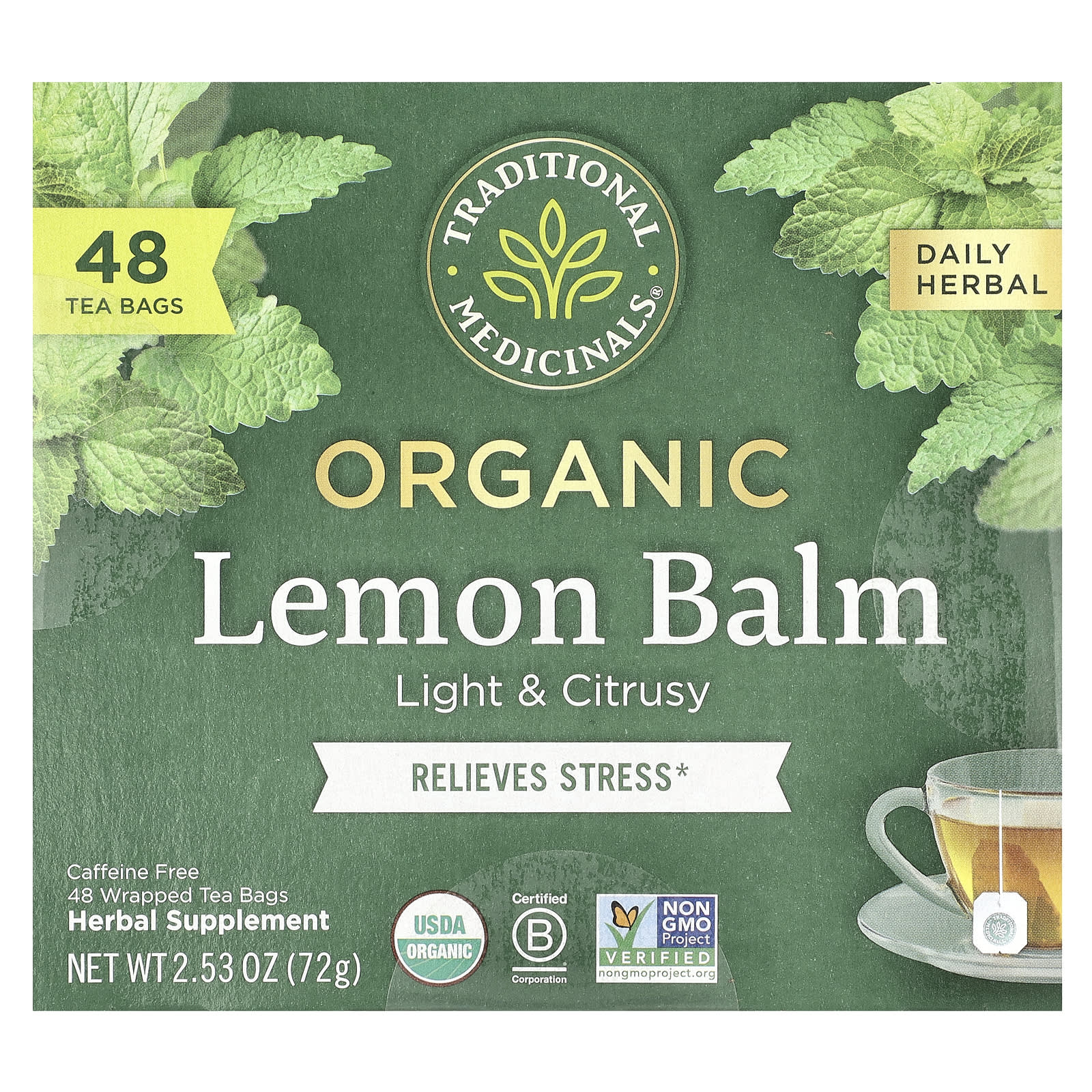 Traditional Medicinals, Organic Lemon Balm, Caffeine Free, 48 Wrapped Tea Bags, 2.53 oz (72 g) - Image 1