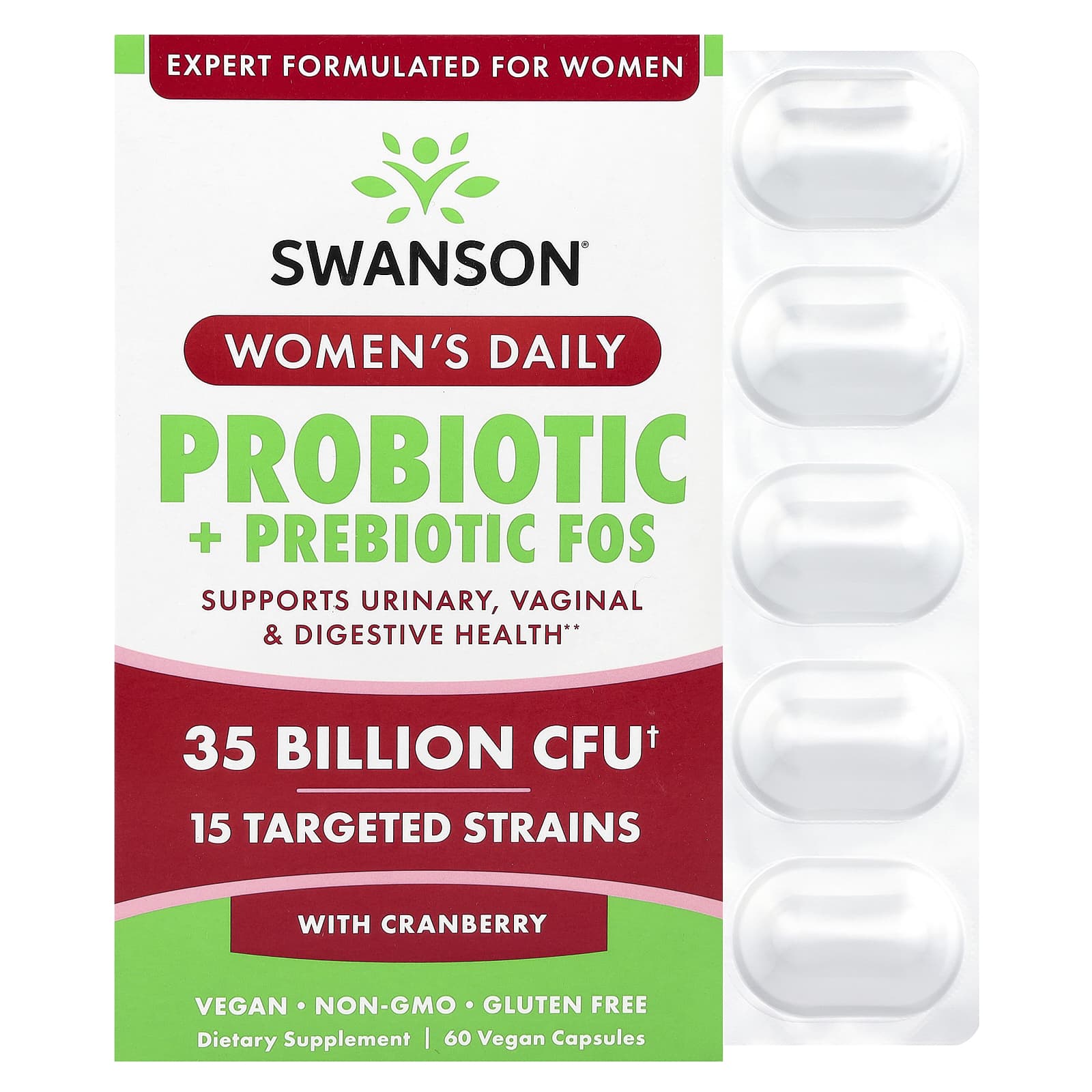 Swanson, Women's Daily Probiotic + Prebiotic FOS With Cranberry, 35 Billion CFU, 60 Vegan Capsules - Image 1