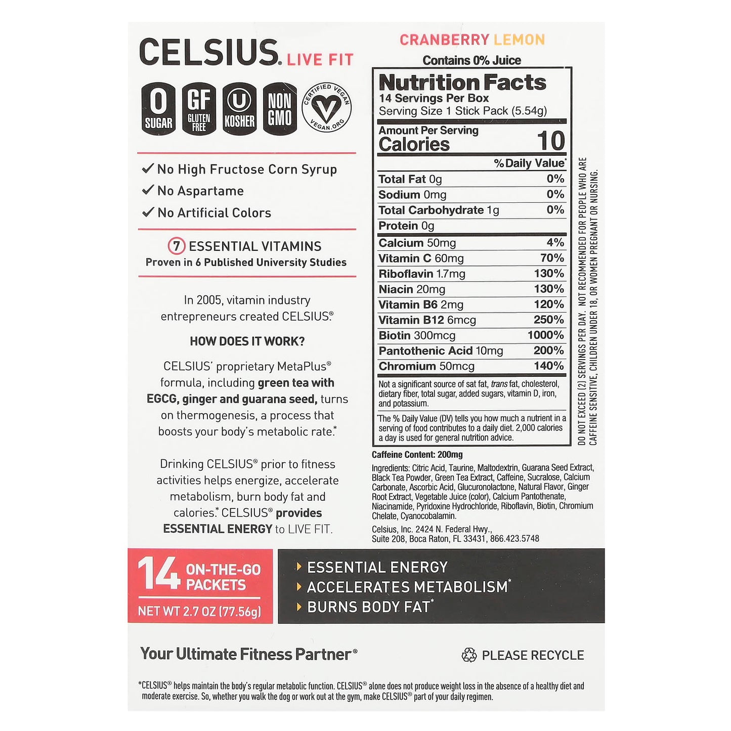 Celsius Live Fit Cranberry Lemon Energy Drink, 14 Packets, Gluten Free, Vegan - Image 2