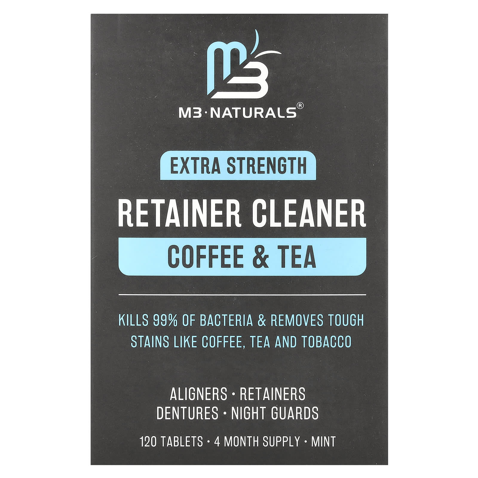 M3 Naturals, Retainer Cleaner, Coffee & Tea, Extra Strength, Mint, 120 Tablets - Image 1