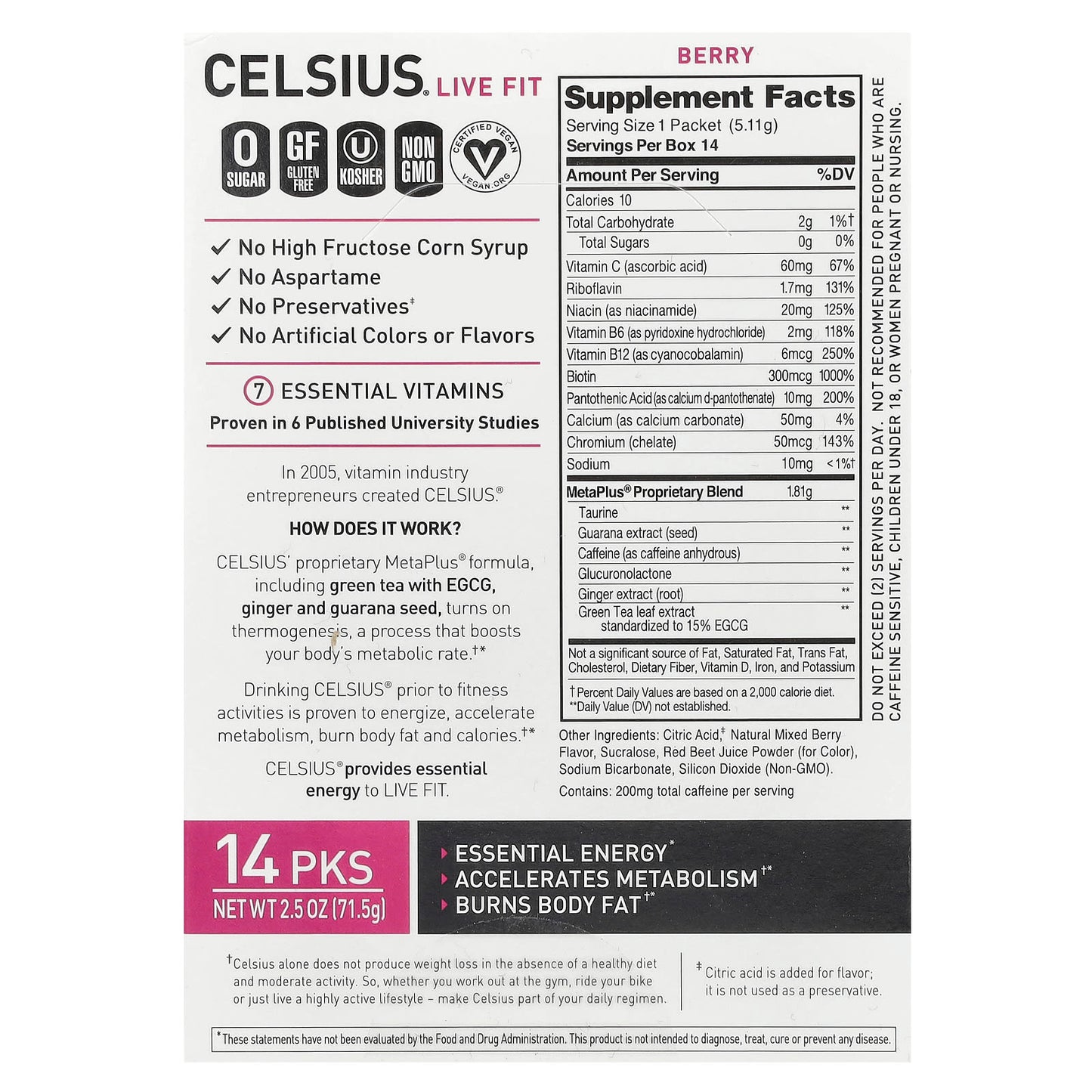 Celsius Live Fit Berry Energy 14-Packets - Accelerate Metabolism - Image 2