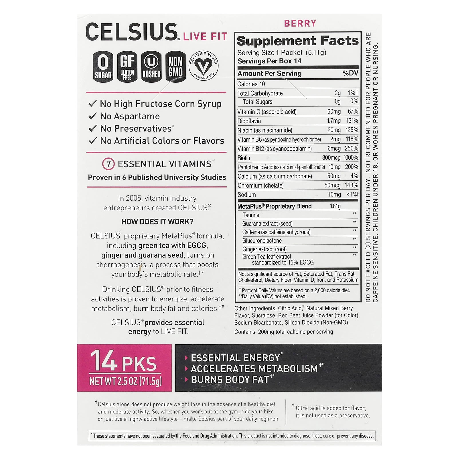 Celsius Live Fit Berry Energy 14-Packets - Accelerate Metabolism - Image 2