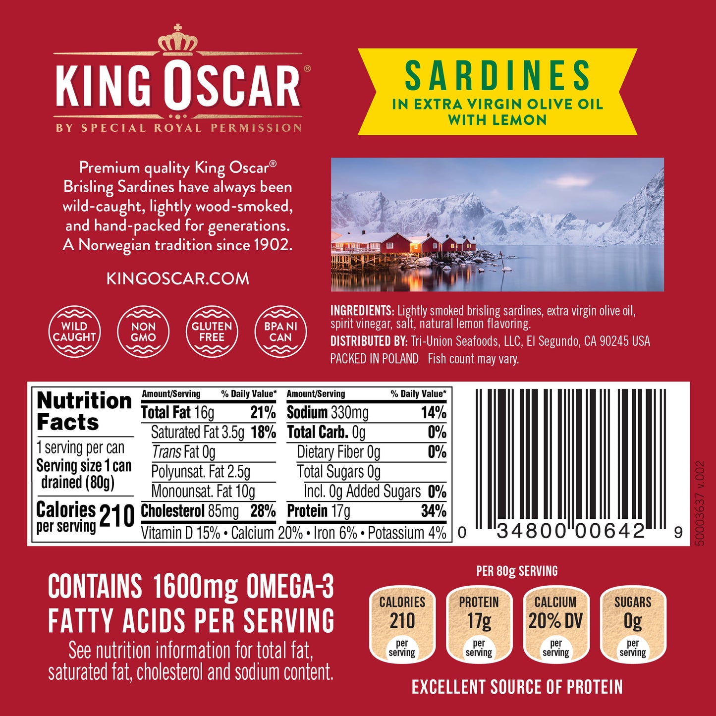 King Oscar, Wild Caught Sardines In Extra Virgin Olive Oil, With Lemon, 3.75 oz (106 g) - Image 2