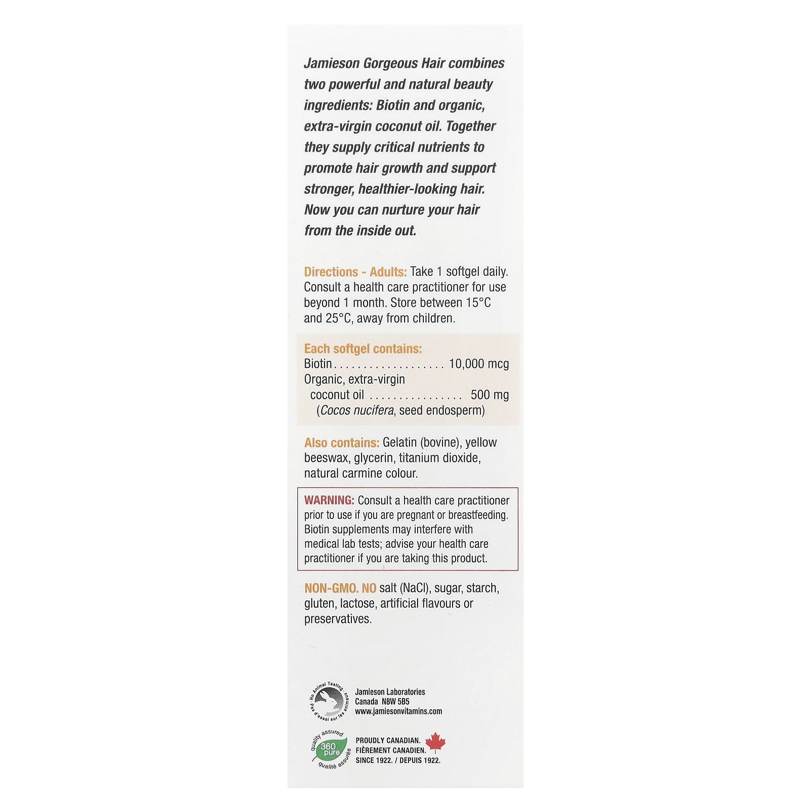 Jamieson Vitamins for Gorgeous Hair, 60 Softgels - Biotin & Coconut Oil - Image 2