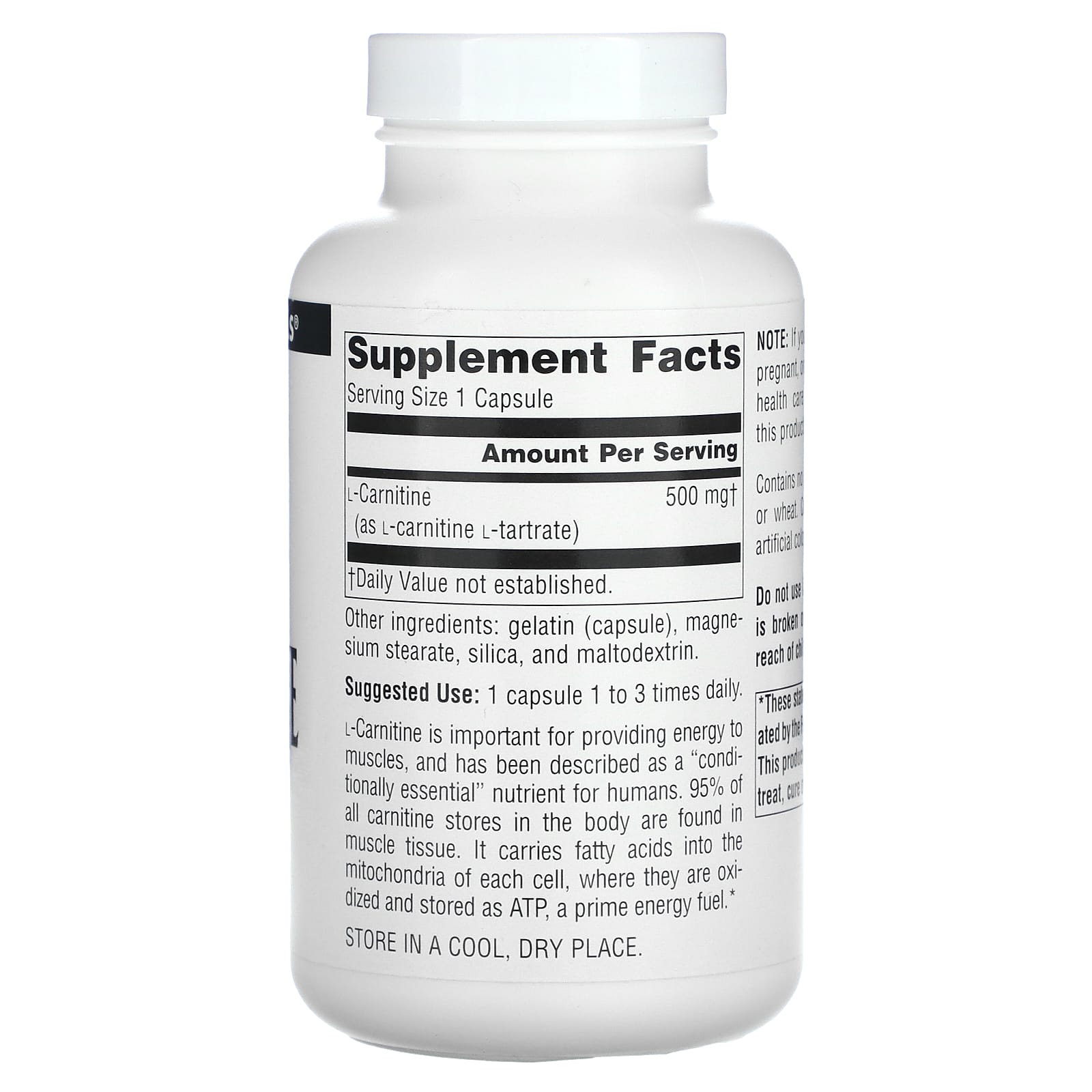 Source Naturals, L-Carnitine, 500 mg, 120 Capsules - Image 2