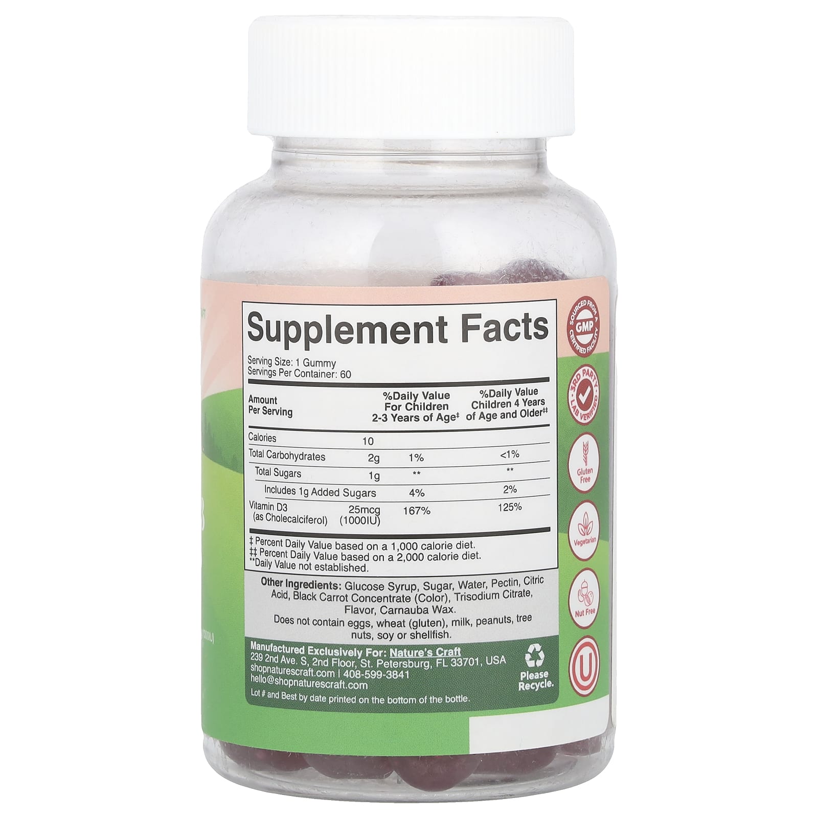 Nature's Craft, Kids Vitamin D3 Gummies, Mixed Berries, 25 mcg (1,000 IU), 60 Gummies
