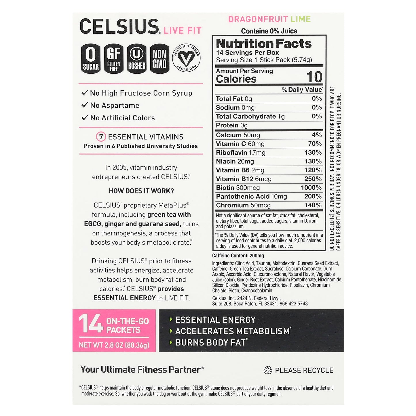 Celsius Dragonfruit Lime Energy Drink Mix, 14 Packets, 0.2 oz Each - Image 2