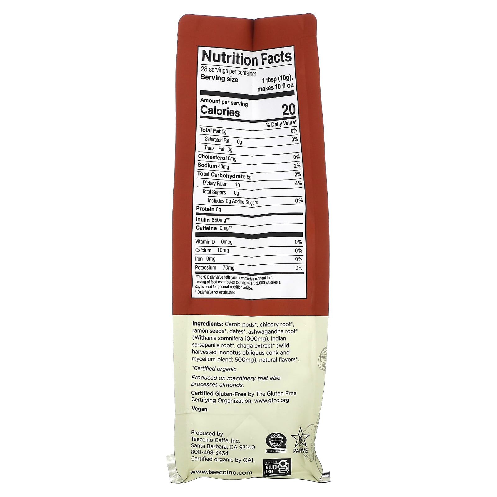 Teeccino, Mushroom Herbal Coffee, Chaga Ashwagandha, Medium Roast, Caffeine Free, 10 oz (284 g) - Image 2