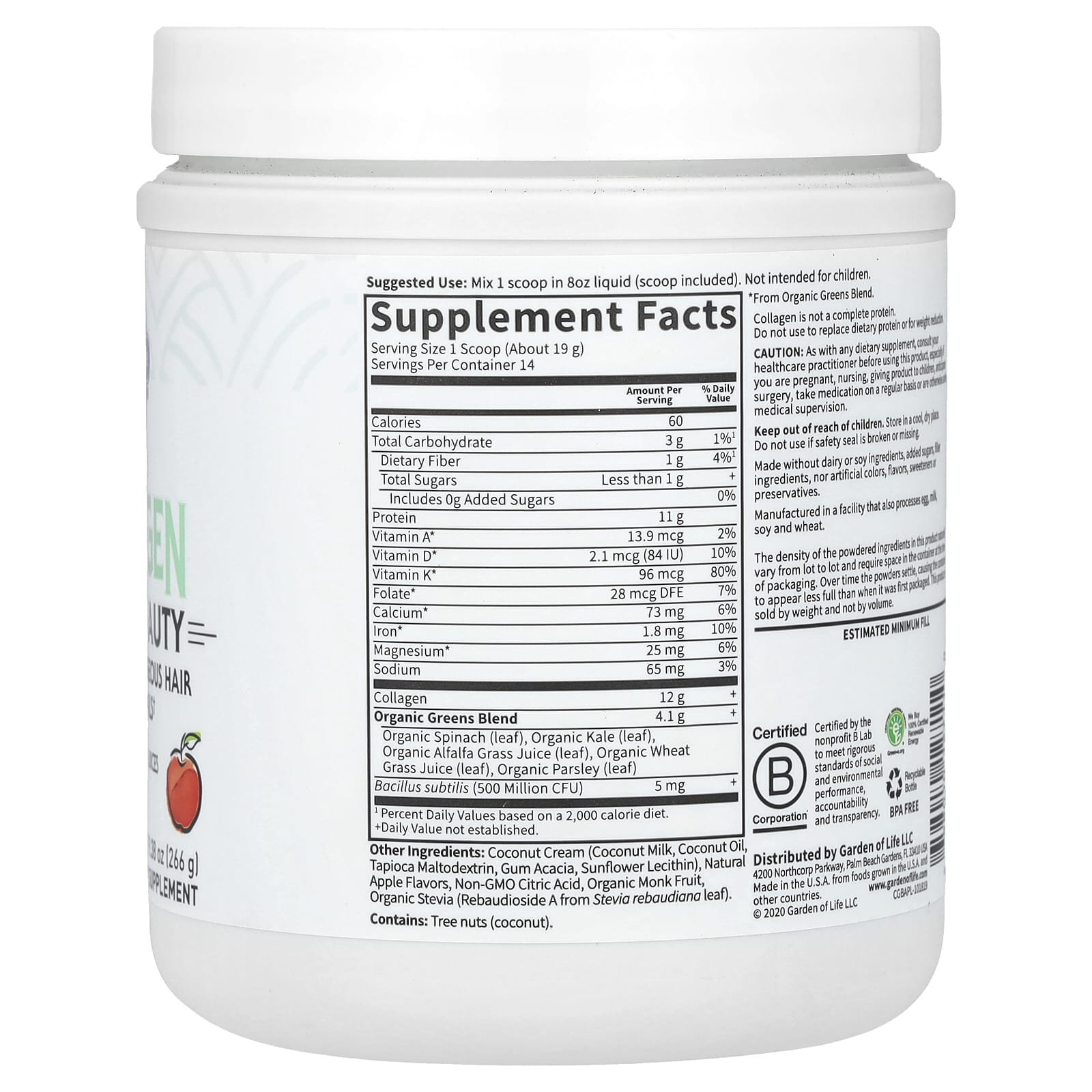 Garden of Life, Grass Fed Collagen, Greens Beauty, Apple, 9.38 oz (266 g)