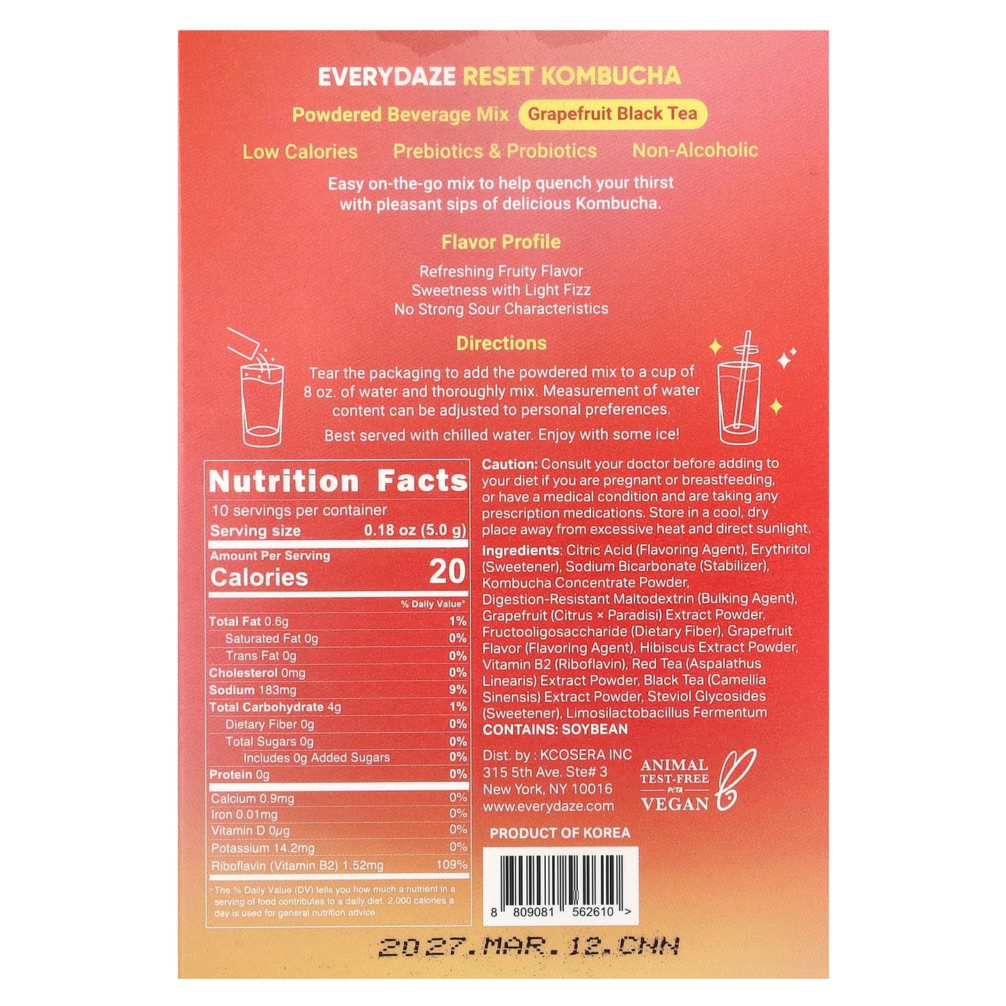 Everydaze Reset Kombucha Powdered Beverage Mix, Grapefruit Black Tea, 10 Packets - Image 2