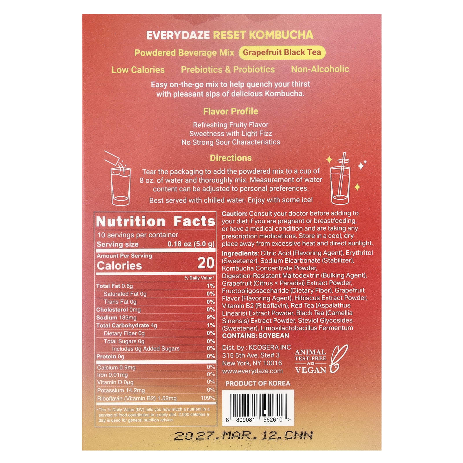 Everydaze Reset Kombucha Powdered Beverage Mix, Grapefruit Black Tea, 10 Packets - Image 2