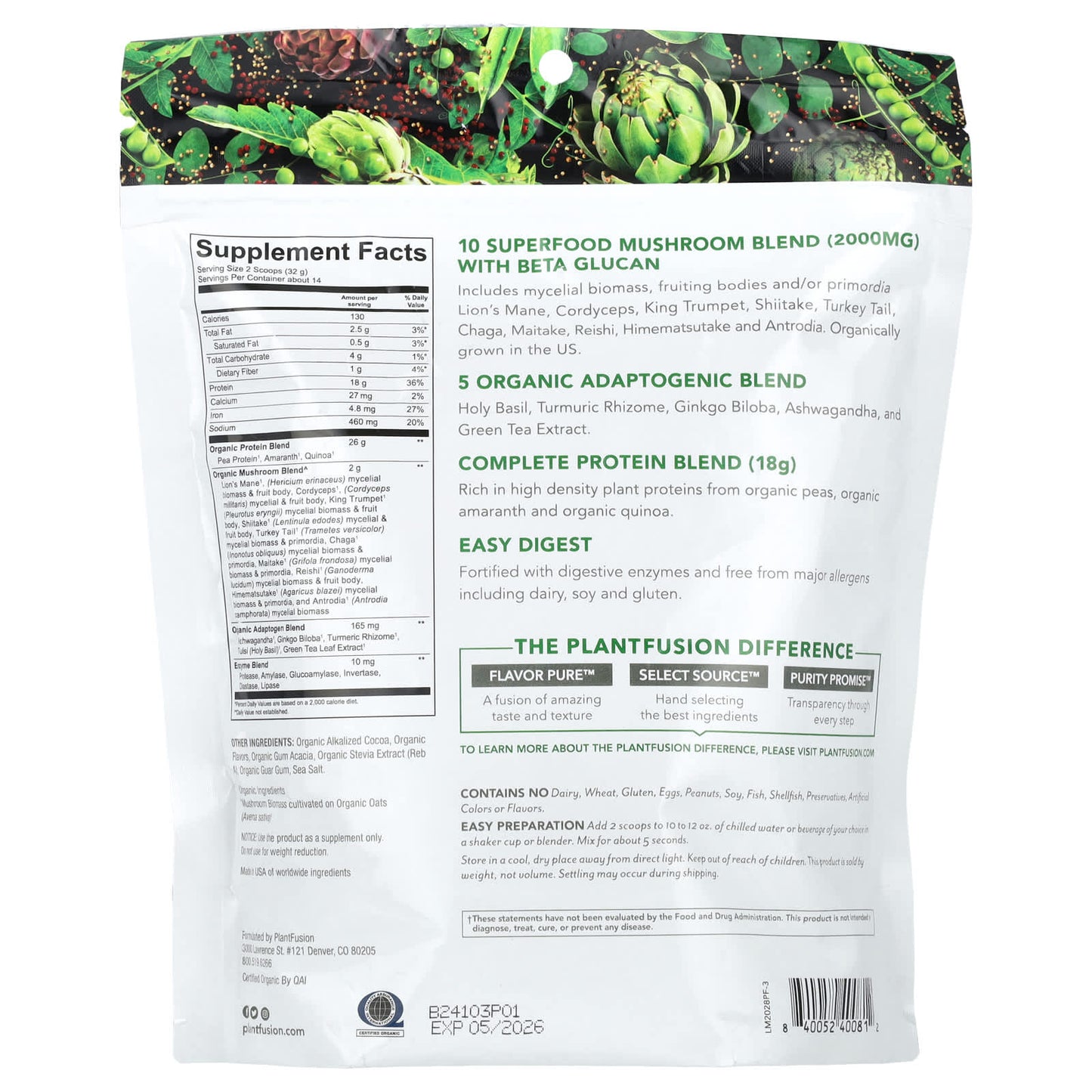 PlantFusion, Organic Mushrooms + Protein, Rich Chocolate, 15.8 oz (448 g) - Image 2