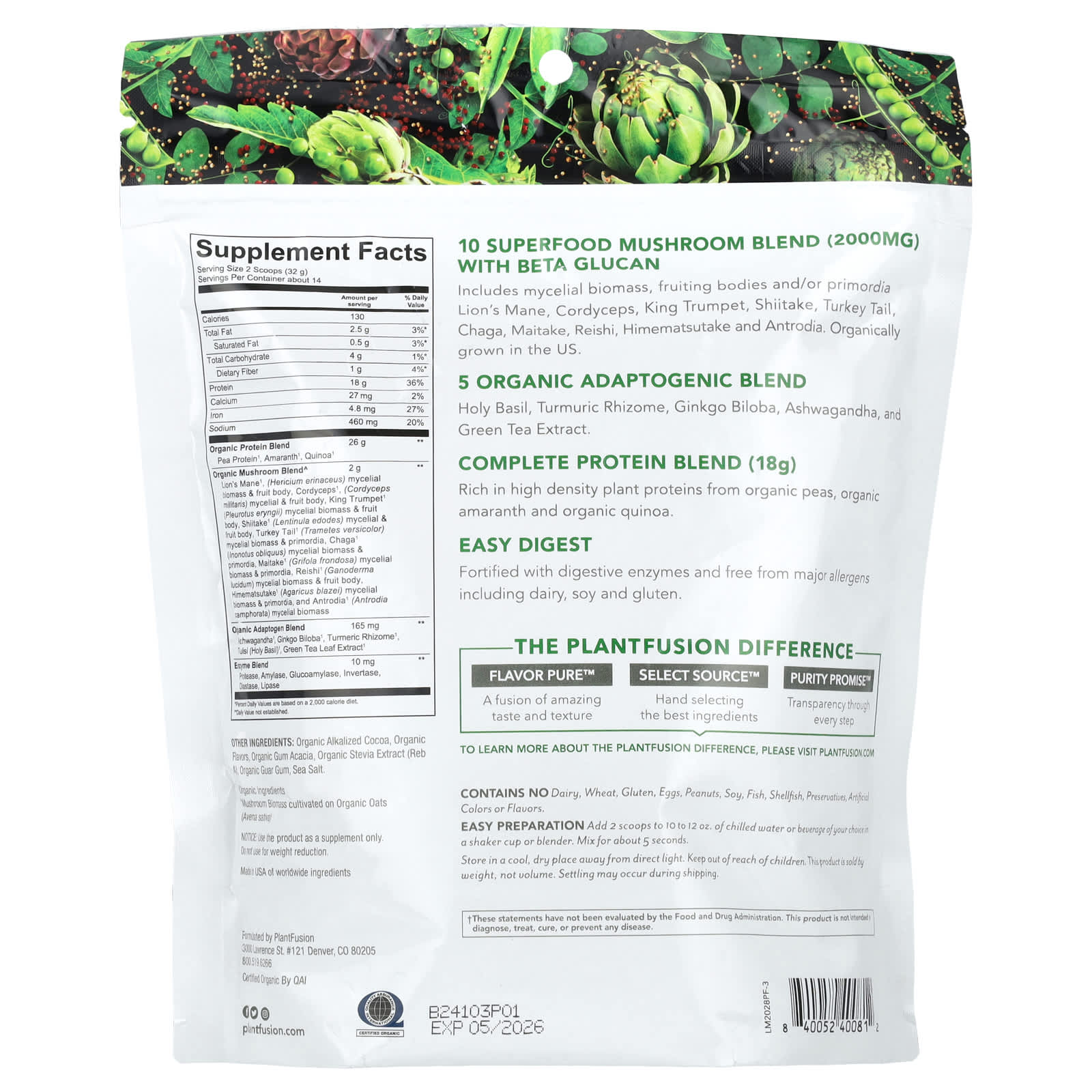 PlantFusion, Organic Mushrooms + Protein, Rich Chocolate, 15.8 oz (448 g) - Image 2