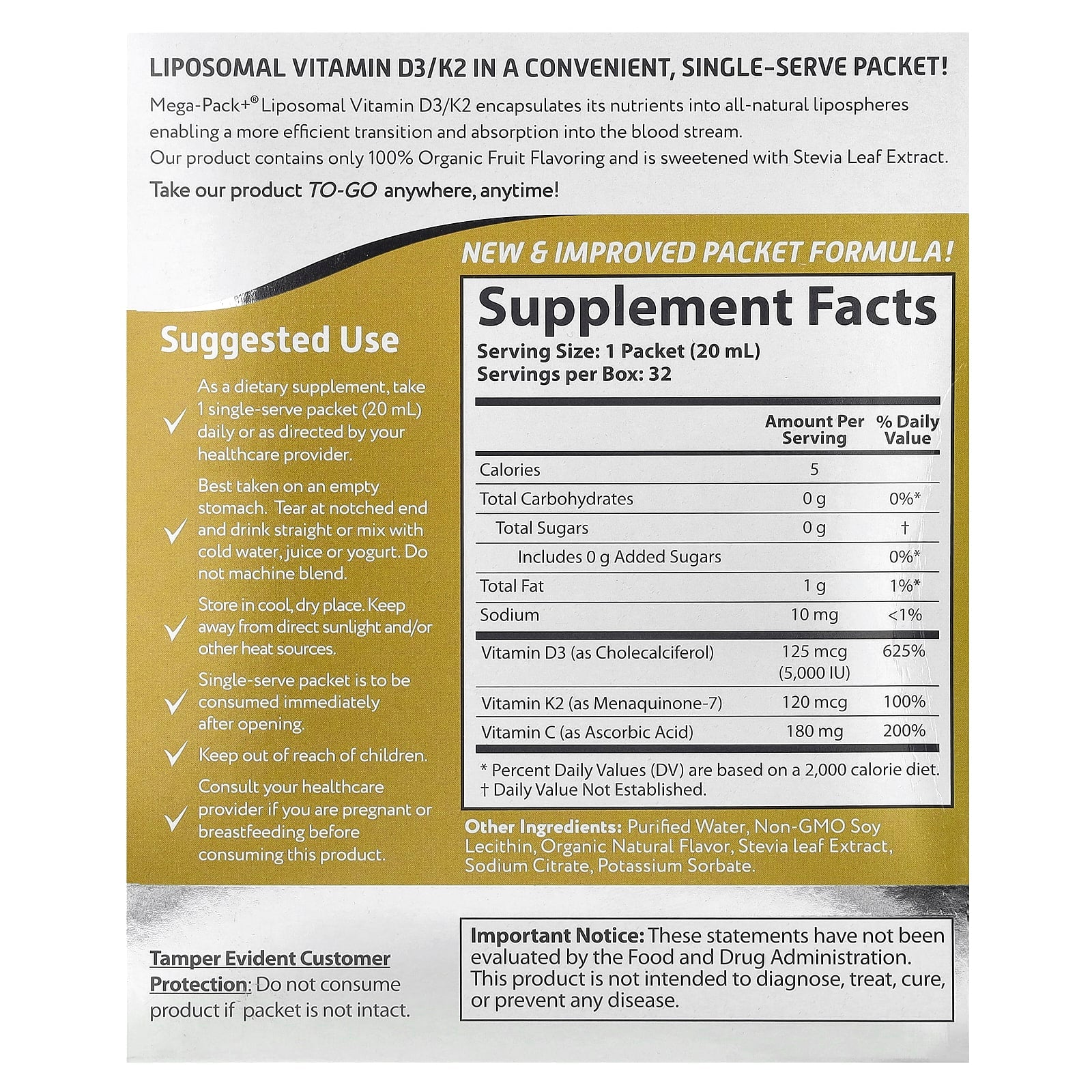 Aurora Nutrascience Liposomal Vitamin D3 K2 Supplement 32 Packets - Image 2