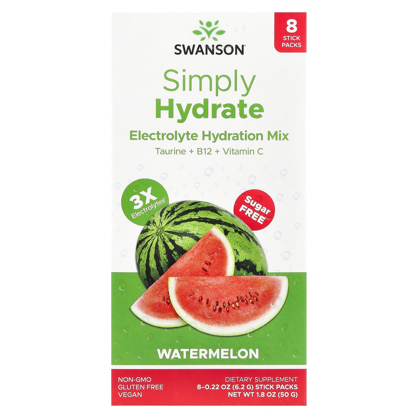 Swanson, Simply Hydrate, Electrolyte Hydration Mix, Watermelon, 8 Stick Packs 0.22 oz (6.2 g) Each - Image 1