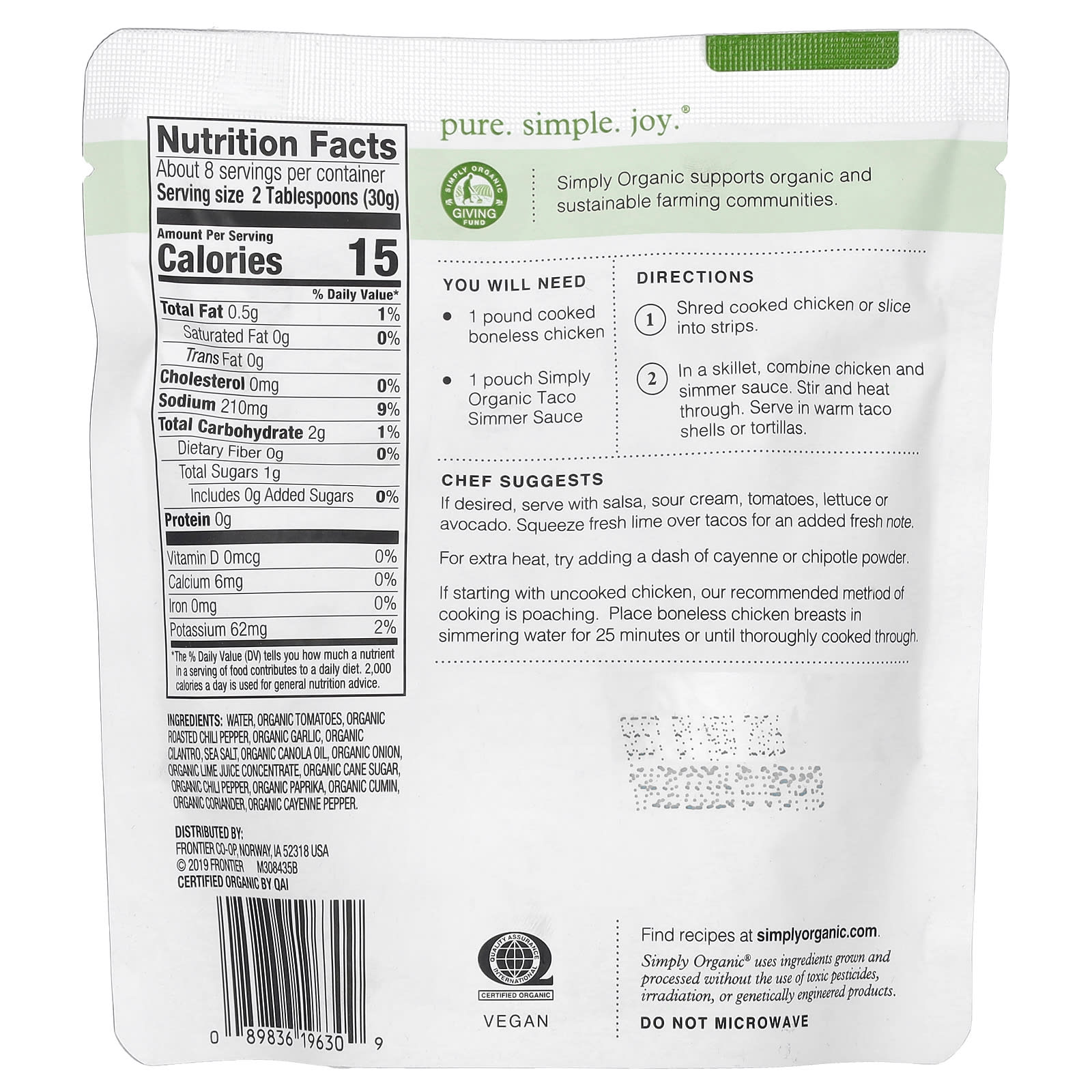 Simply Organic, Mild Taco Simmer Sauce For Chicken, 8 oz (227 g) - Image 2
