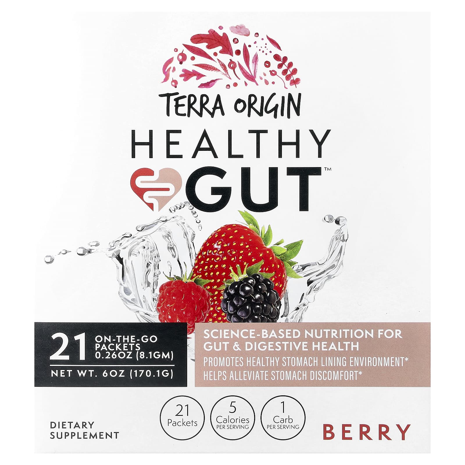 Terra Origin, Healthy Gut™, Berry , 21 On The Go Packets, 0.26 oz (8.1 g) Each - Image 1