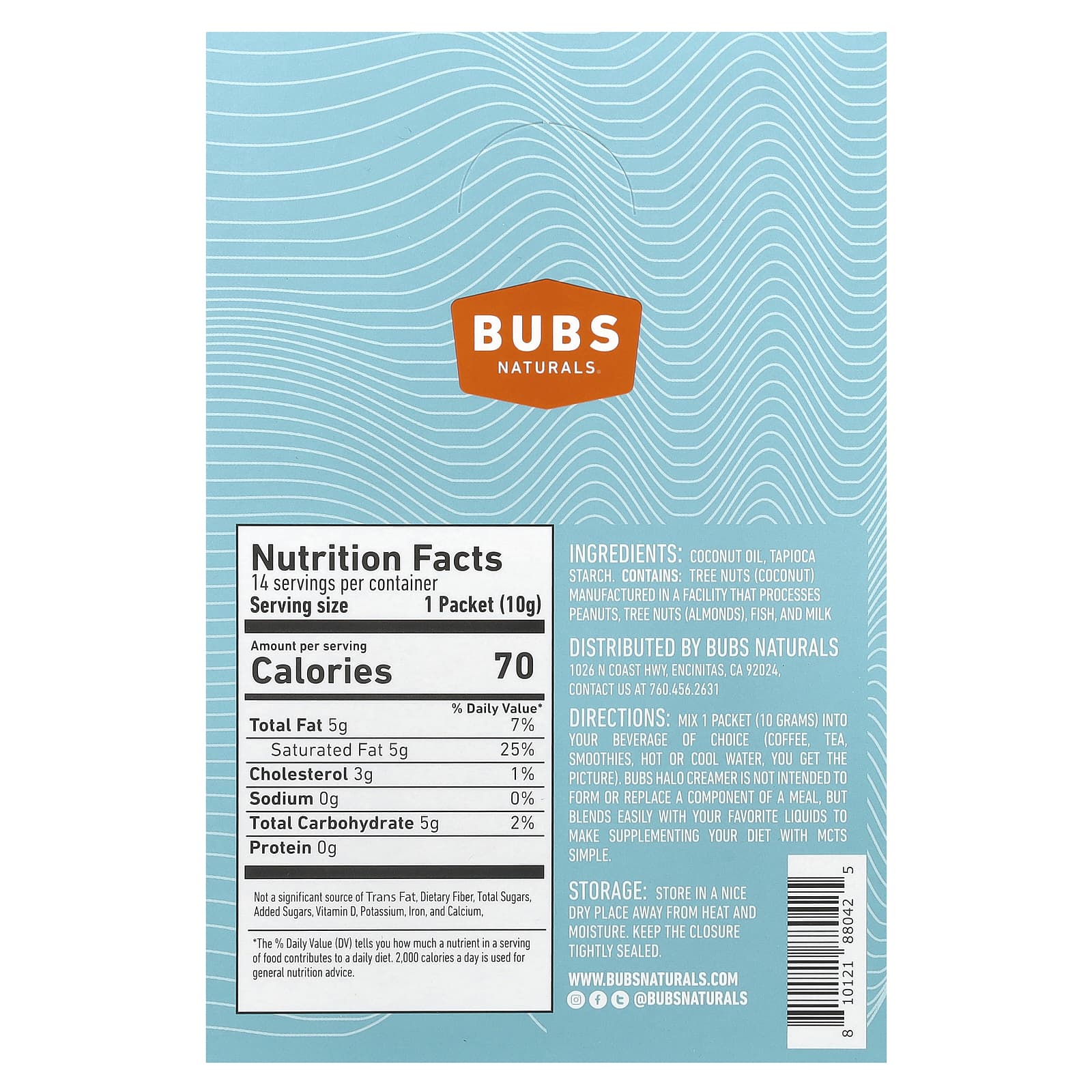 BUBS Naturals, Halo Creamer, MCT Oil Powder, Unflavored, 14 Packets, 0.35 oz (10 g) Each