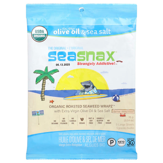 SeaSnax, Organic Roasted Seaweed Wrapz™, Extra Virgin Olive Oil & Sea Salt, 5 Large Sheets, 0.54 oz (15 g) - Image 1