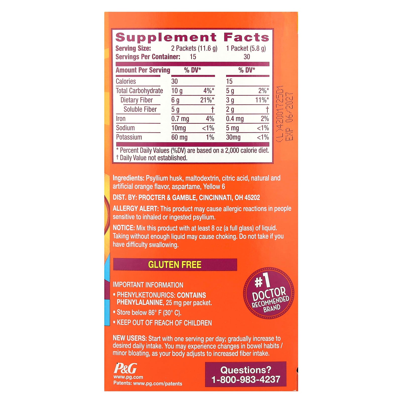 Metamucil, On-The-Go, 4-in-1 Fiber, Orange, Sugar Free, 30 Powder Packets, 0.21 oz (5.8 g) Each