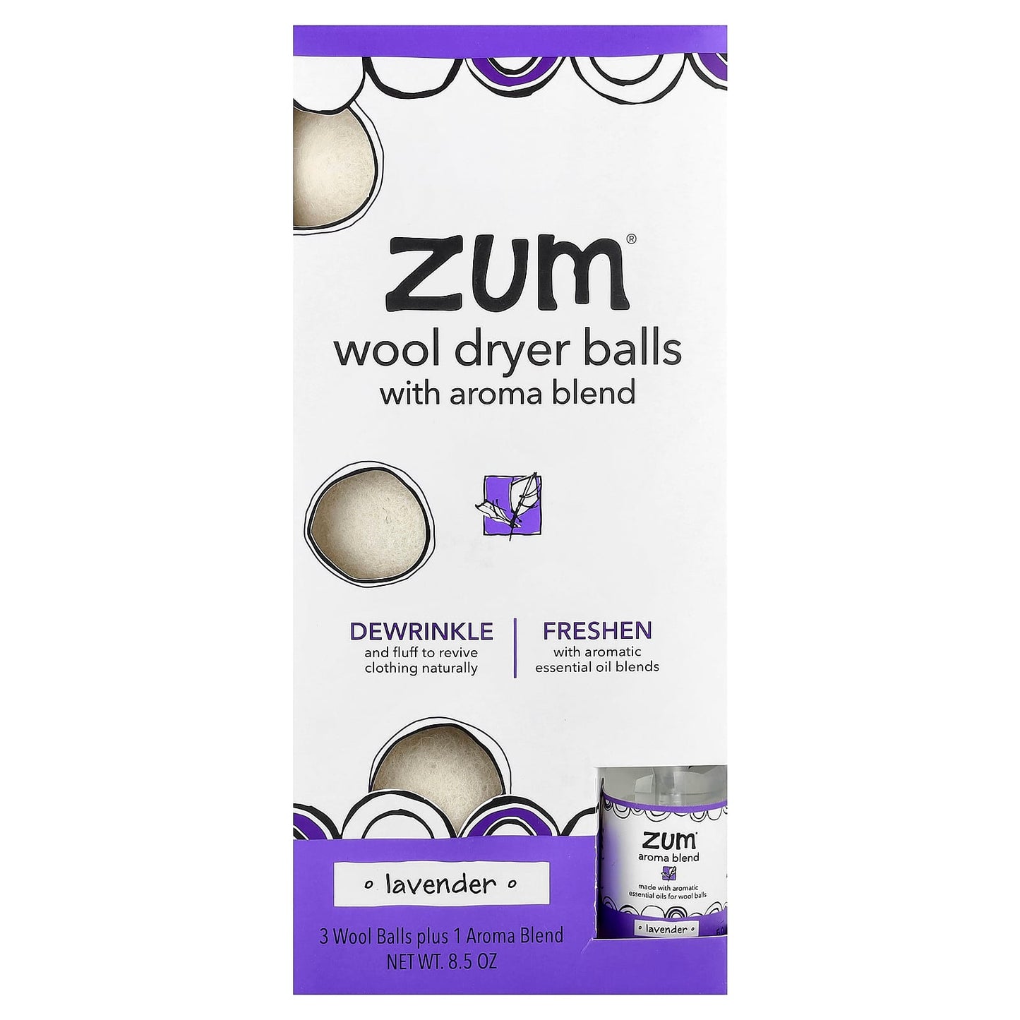 ZUM, Wool Dryer Balls with Aroma Blend, Lavender, 3 Wool Balls Plus 1 Aroma Blend, 8.5 oz - Image 1