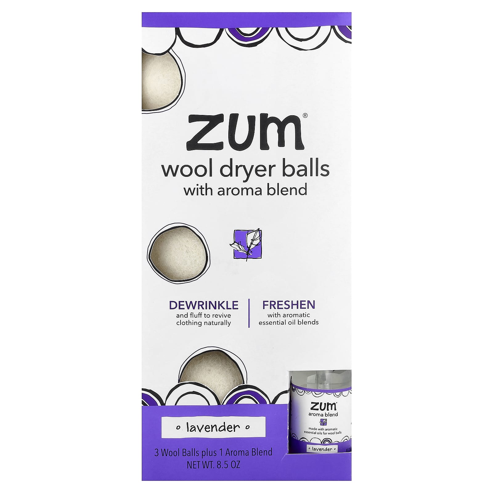 ZUM, Wool Dryer Balls with Aroma Blend, Lavender, 3 Wool Balls Plus 1 Aroma Blend, 8.5 oz - Image 1