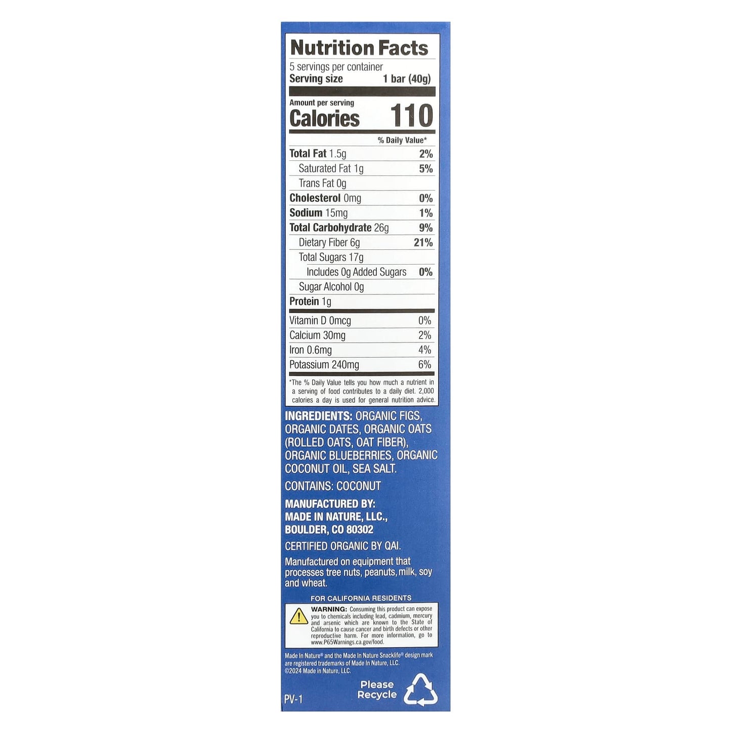Made in Nature, Fig 'N' Oats®, Blueberry, 5 Individually Wrapped Bars, 1.4 oz (40 g) Each - Image 2