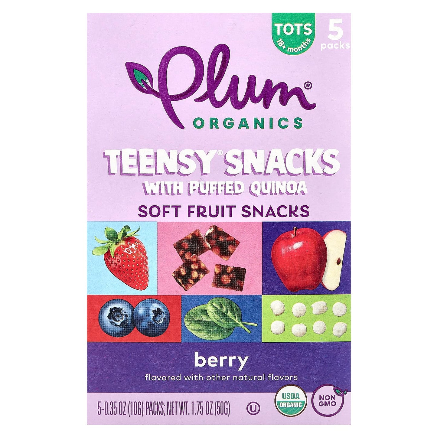 Plum Organics, Teensy Snacks with Puffed Quinoa, Soft Fruit Snacks, 18+ Months, Berry, 5 Packs, 0.35 oz (10 g) Each - Image 1