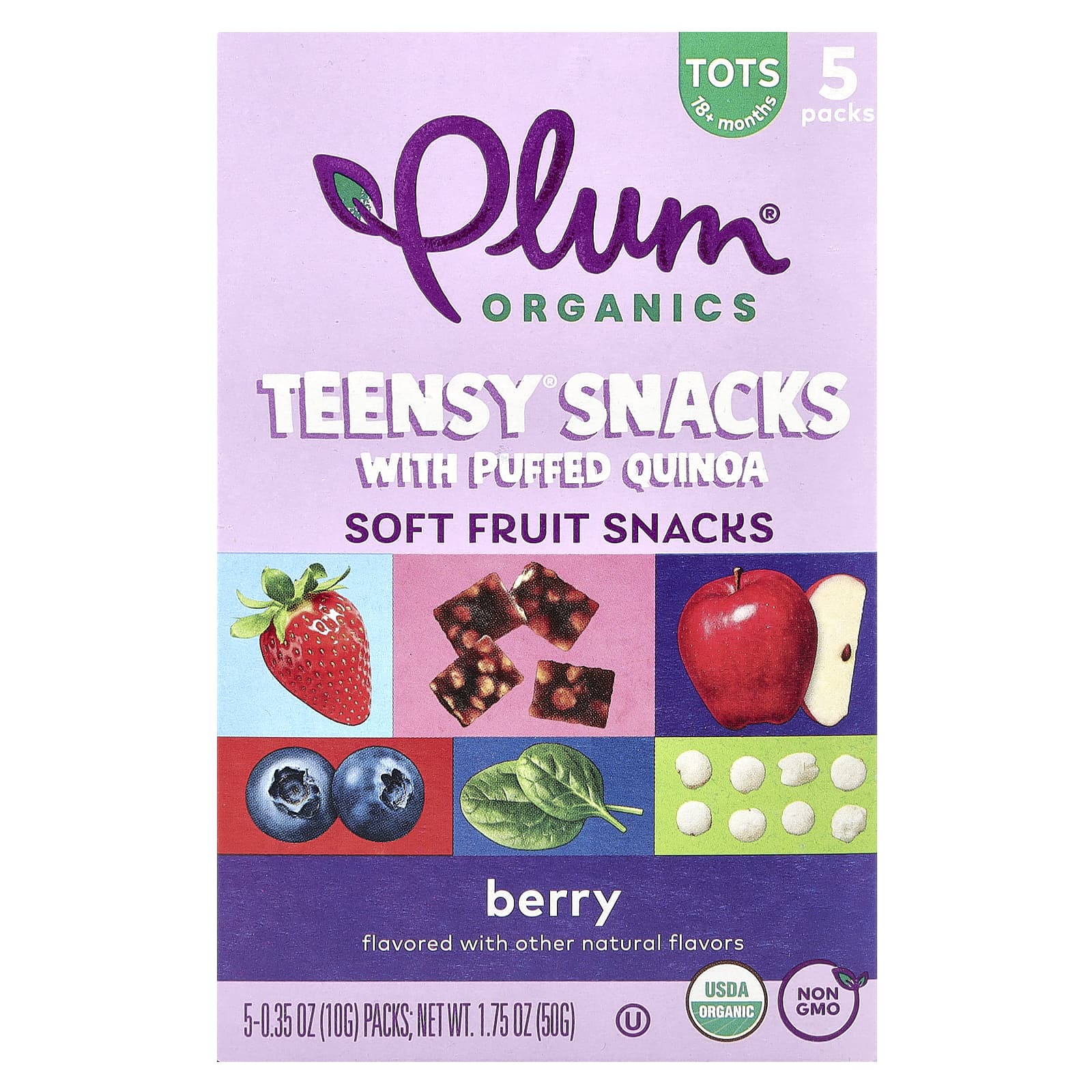 Plum Organics, Teensy Snacks with Puffed Quinoa, Soft Fruit Snacks, 18+ Months, Berry, 5 Packs, 0.35 oz (10 g) Each - Image 1