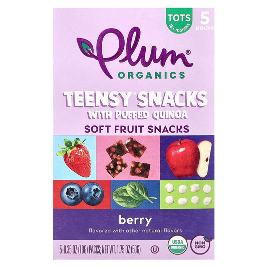 Plum Organics, Teensy Snacks with Puffed Quinoa, Soft Fruit Snacks, 18+ Months, Berry, 5 Packs, 0.35 oz (10 g) Each - Image 1