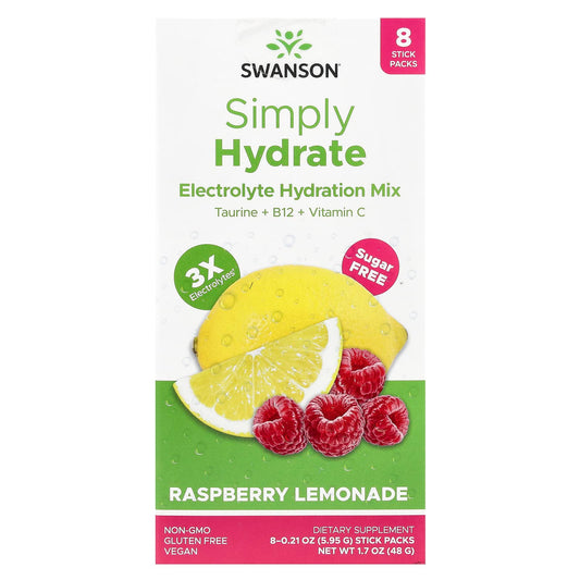 Swanson, Simply Hydrate, Electrolyte Hydration Mix, Raspberry Lemonade, 8 Stick Packs 0.21 oz (5.95 g) Each - Image 1