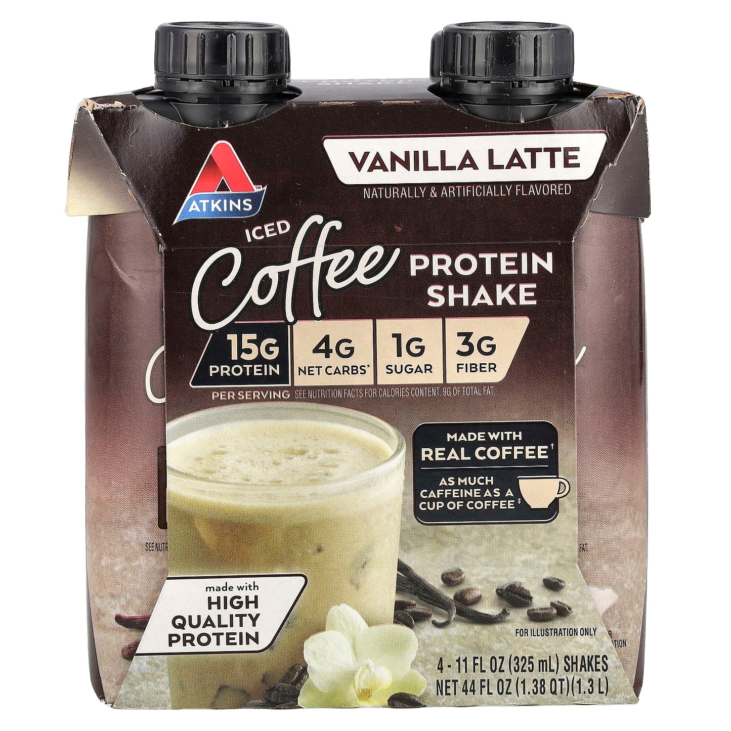 Atkins Vanilla Latte Iced Coffee Protein Shake, 11 fl oz, 4 Shakes, Low Carb - Image 1