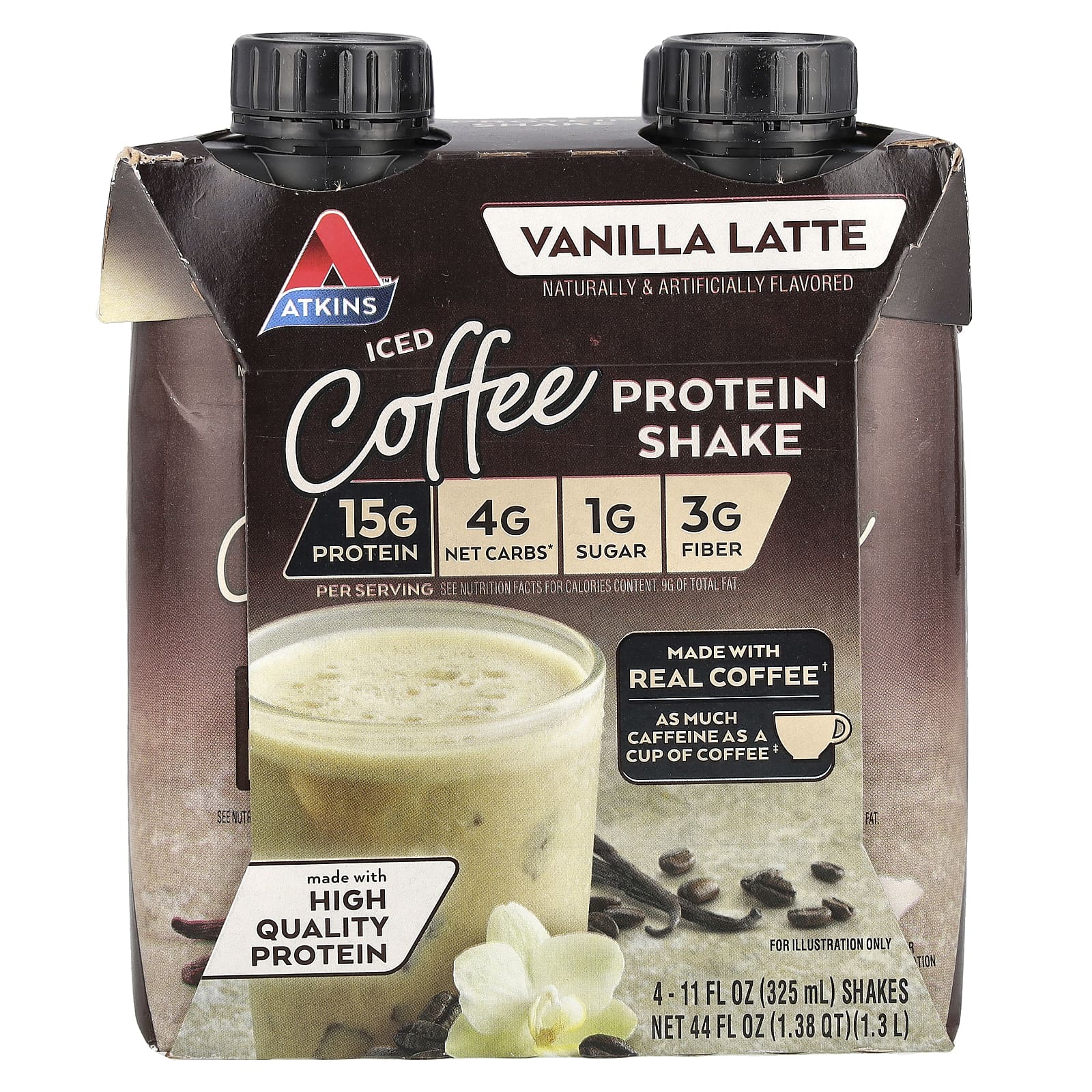 Atkins Vanilla Latte Iced Coffee Protein Shake, 11 fl oz, 4 Shakes, Low Carb - Image 1