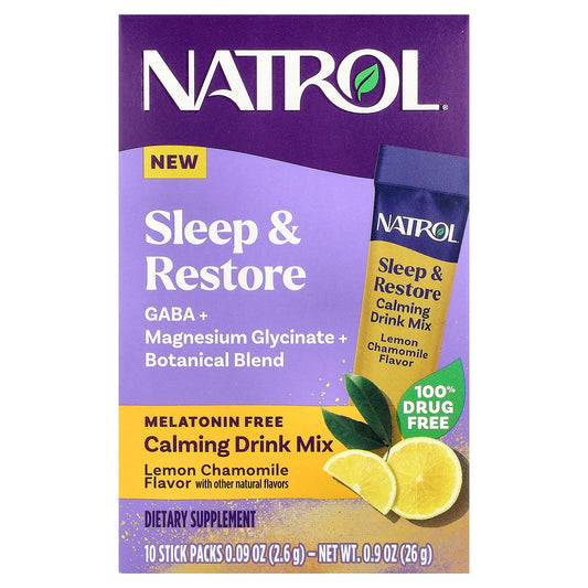 Natrol, Sleep & Restore, Calming Drink Mix, Melatonin Free, Lemon Chamomile, 10 Stick Packs, 0.09 oz (2.6 g) Each - Image 1