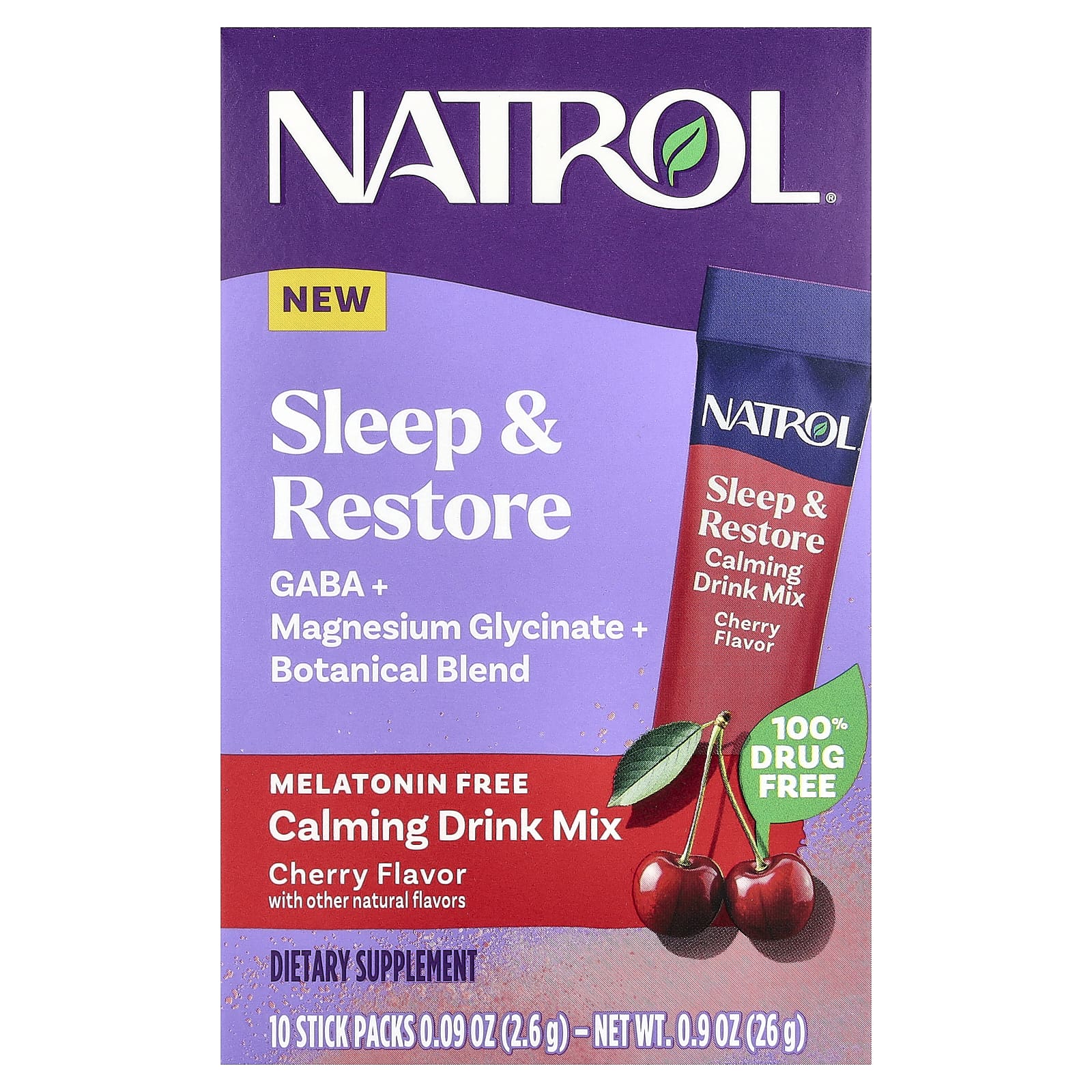 Natrol, Sleep & Restore, Calming Drink Mix, Melatonin Free, Cherry, 10 Stick Packs, 0.09 oz (2.6 g) Each - Image 1