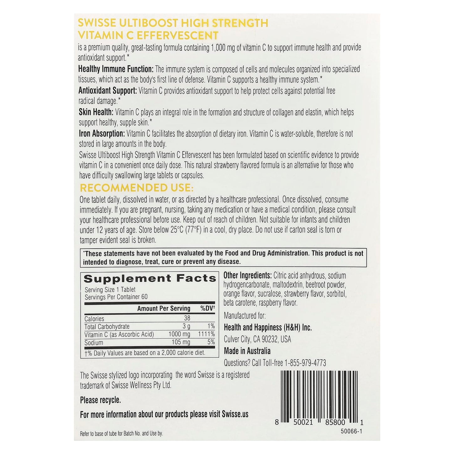 Swisse, Ultiboost™, High Strength Vitamin C, Strawberry, 1,000 mg, 3 Tubes, 20 Effervescent Tablets Each - Image 2